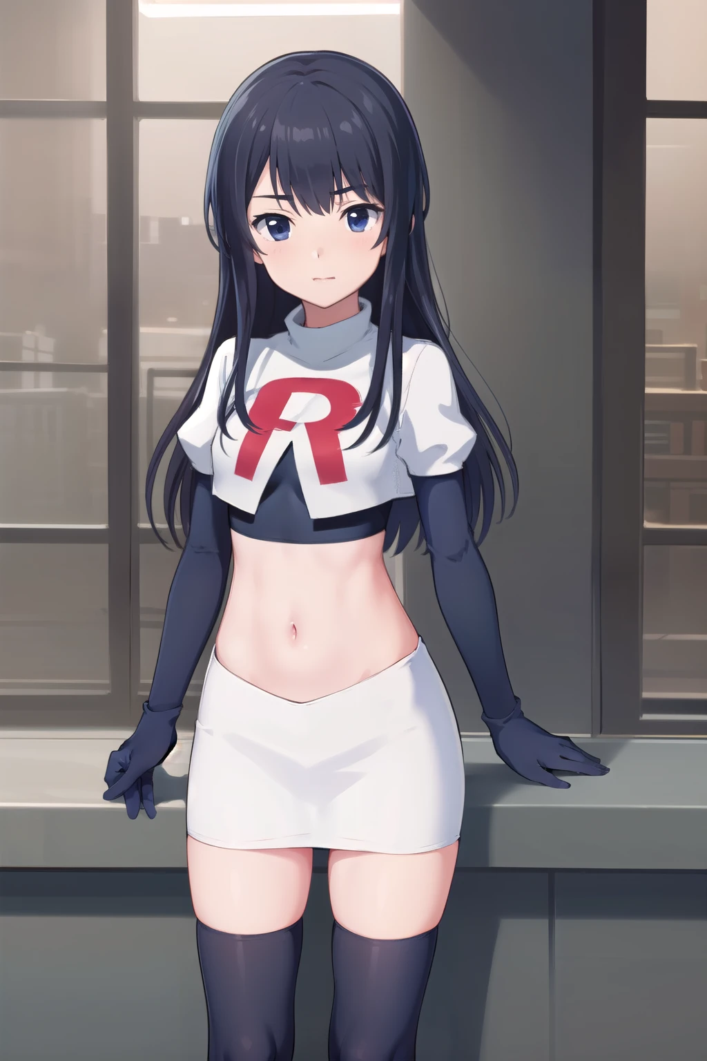(masterpiece, best quality), 1girl, solo, nagase kotono, blush, team rocket,team rocket uniform,white skirt,red letter R,crop top,black thigh-highs,black elbow gloves