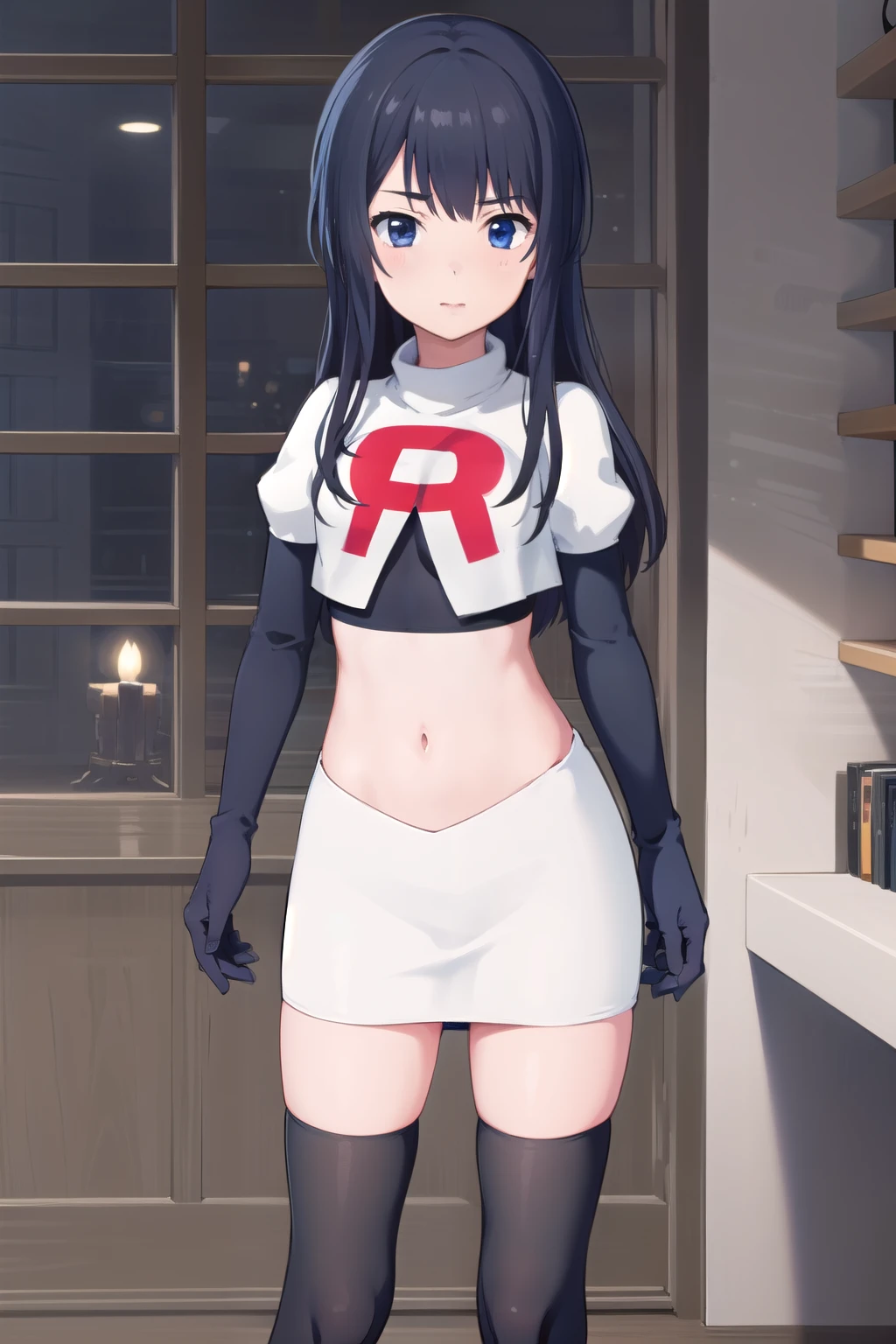 (masterpiece, best quality), 1girl, solo, nagase kotono, blush, team rocket,team rocket uniform,white skirt,red letter R,crop top,black thigh-highs,black elbow gloves