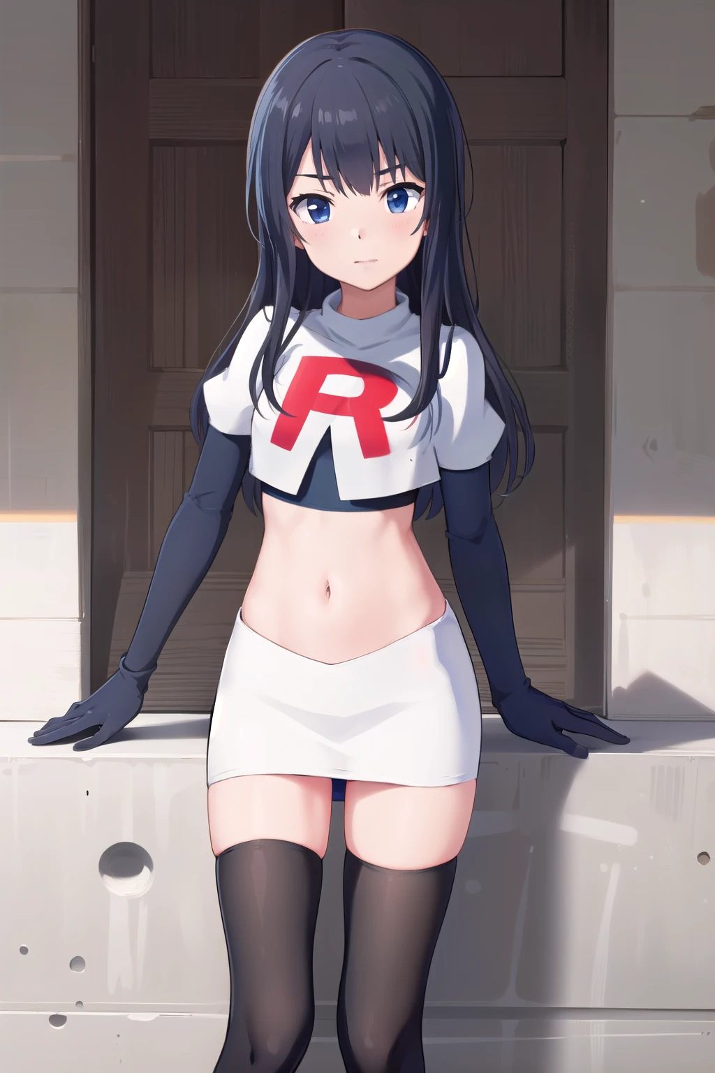 (masterpiece, best quality), 1girl, solo, nagase kotono, blush, team rocket,team rocket uniform,white skirt,red letter R,crop top,black thigh-highs,black elbow gloves