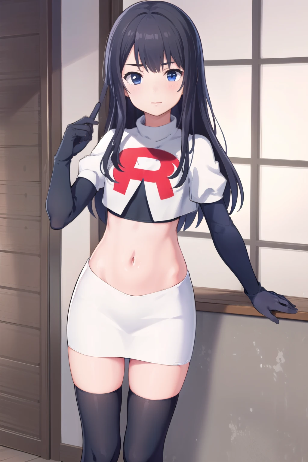 (masterpiece, best quality), 1girl, solo, nagase kotono, blush, team rocket,team rocket uniform,white skirt,red letter R,crop top,black thigh-highs,black elbow gloves
