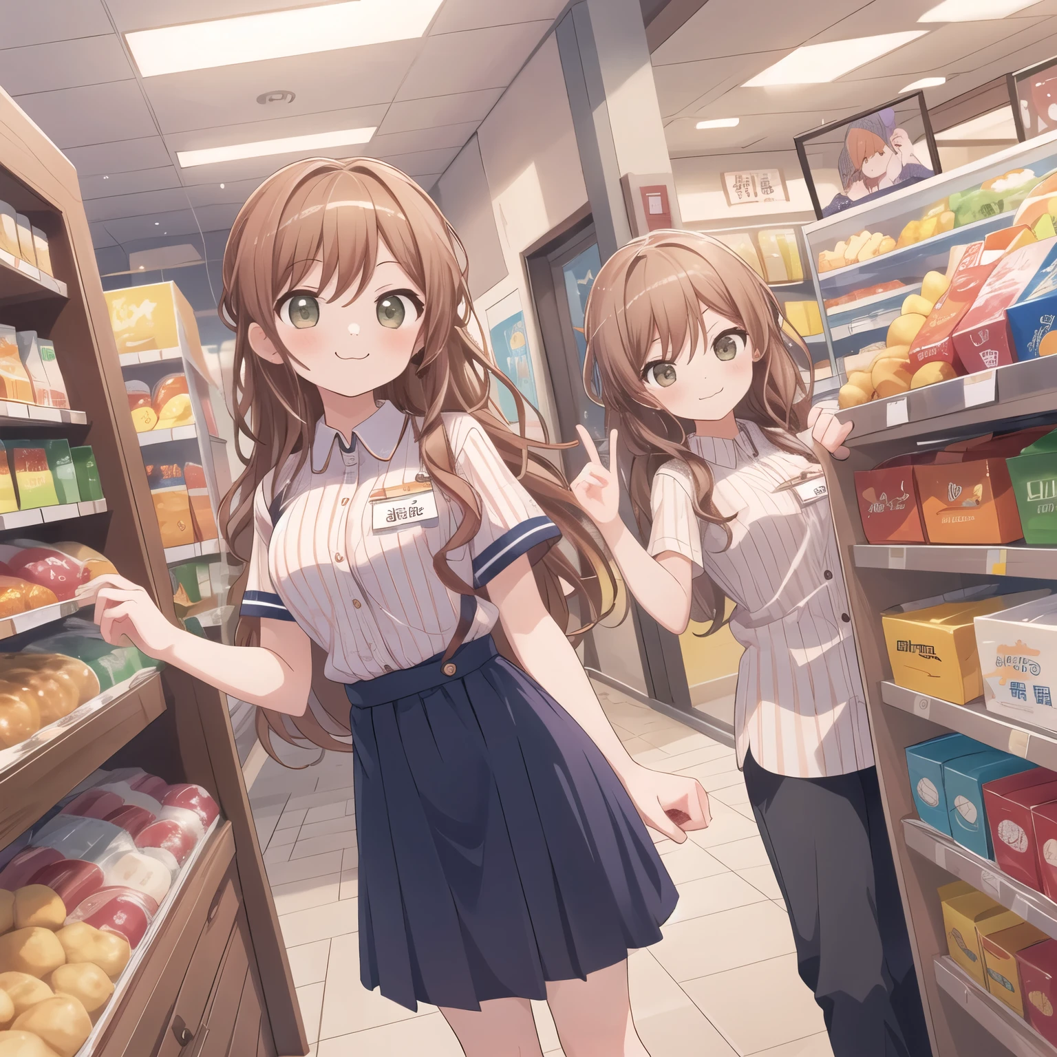  masterpiece, top quality,  super high resolution, 's art , Convenience store, scenery, shop, 屋内で, Lawson, employee uniform, uniform, shop, Convenience storeエンスストア, uniform,  by Nomi, employee uniform,  striped   shirt, smile,  striped , Food,  one boy in airspace, 屋内で,  shirt,  ID, vertical stripes,  2 Girls,  holding,  long hair, Name tag, vertical- striped   shirt, (:3:1) medium boobs,  green eyes , brown eyes on the frame, Wavy [ ponytail:0.5]