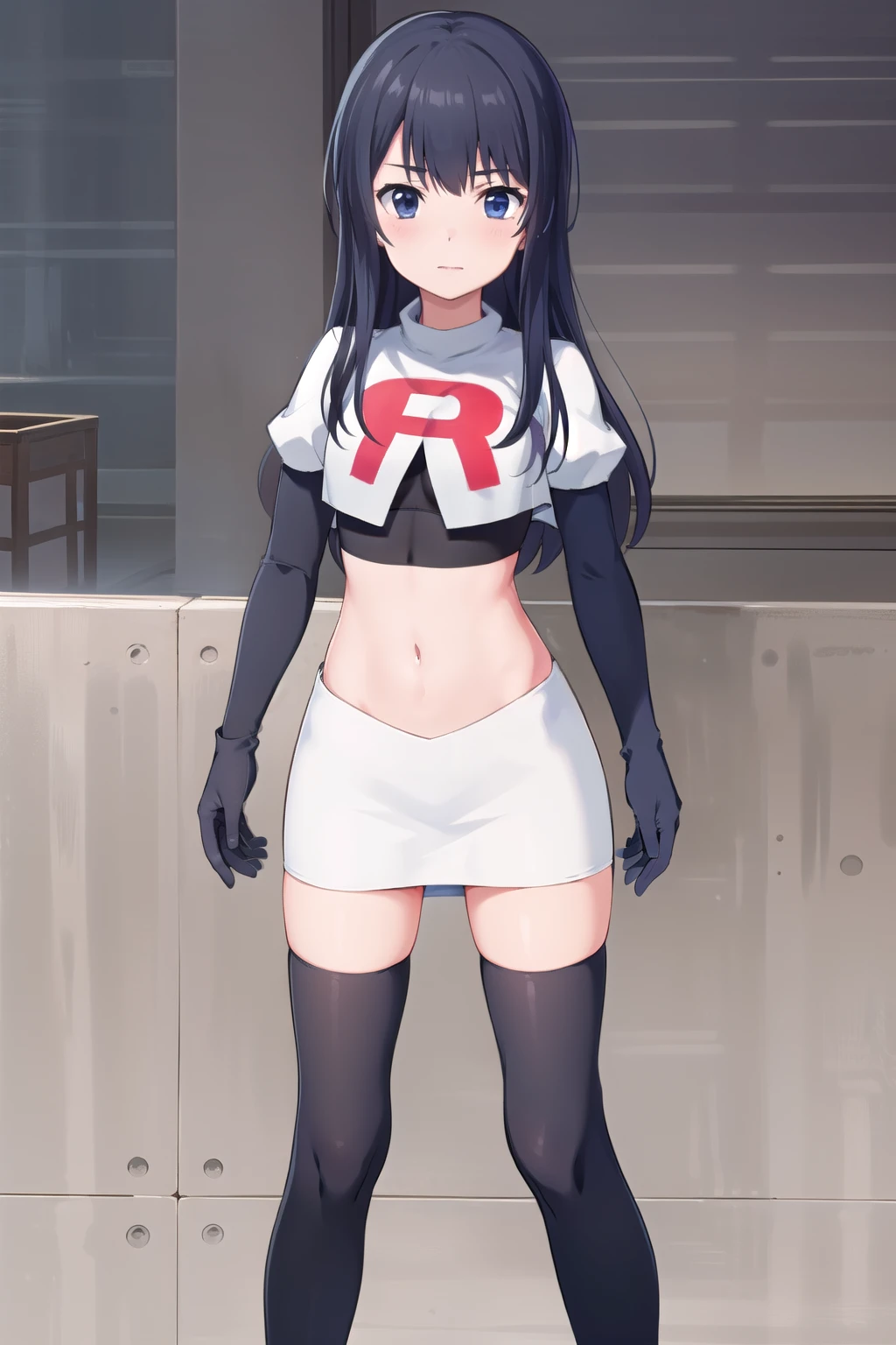 (masterpiece, best quality), 1girl, solo, nagase kotono, blush, team rocket,team rocket uniform,white skirt,red letter R,crop top,black thigh-highs,black elbow gloves