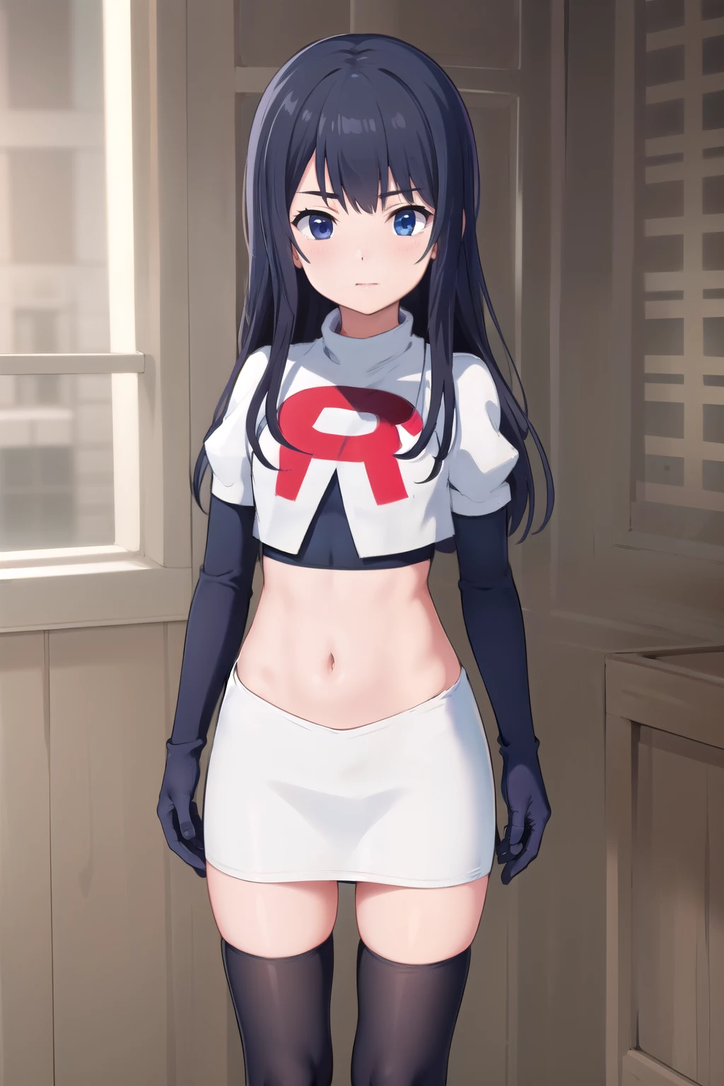 (masterpiece, best quality), 1girl, solo, nagase kotono, blush, team rocket,team rocket uniform,white skirt,red letter R,crop top,black thigh-highs,black elbow gloves