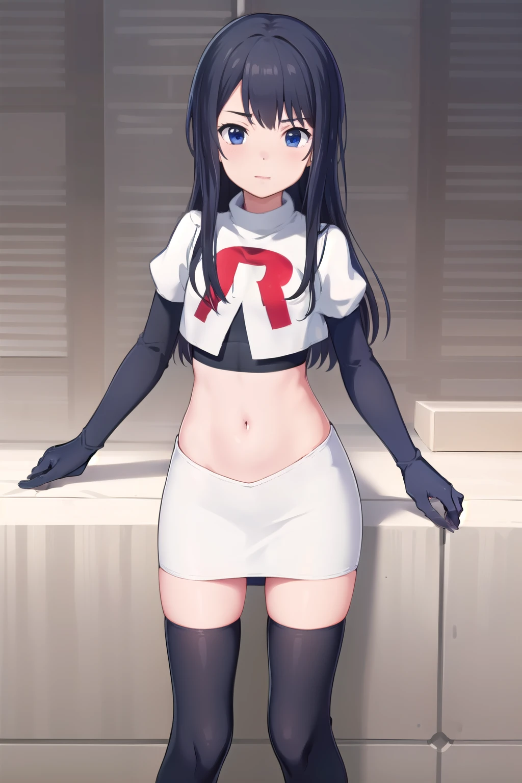 (masterpiece, best quality), 1girl, solo, nagase kotono, blush, team rocket,team rocket uniform,white skirt,red letter R,crop top,black thigh-highs,black elbow gloves