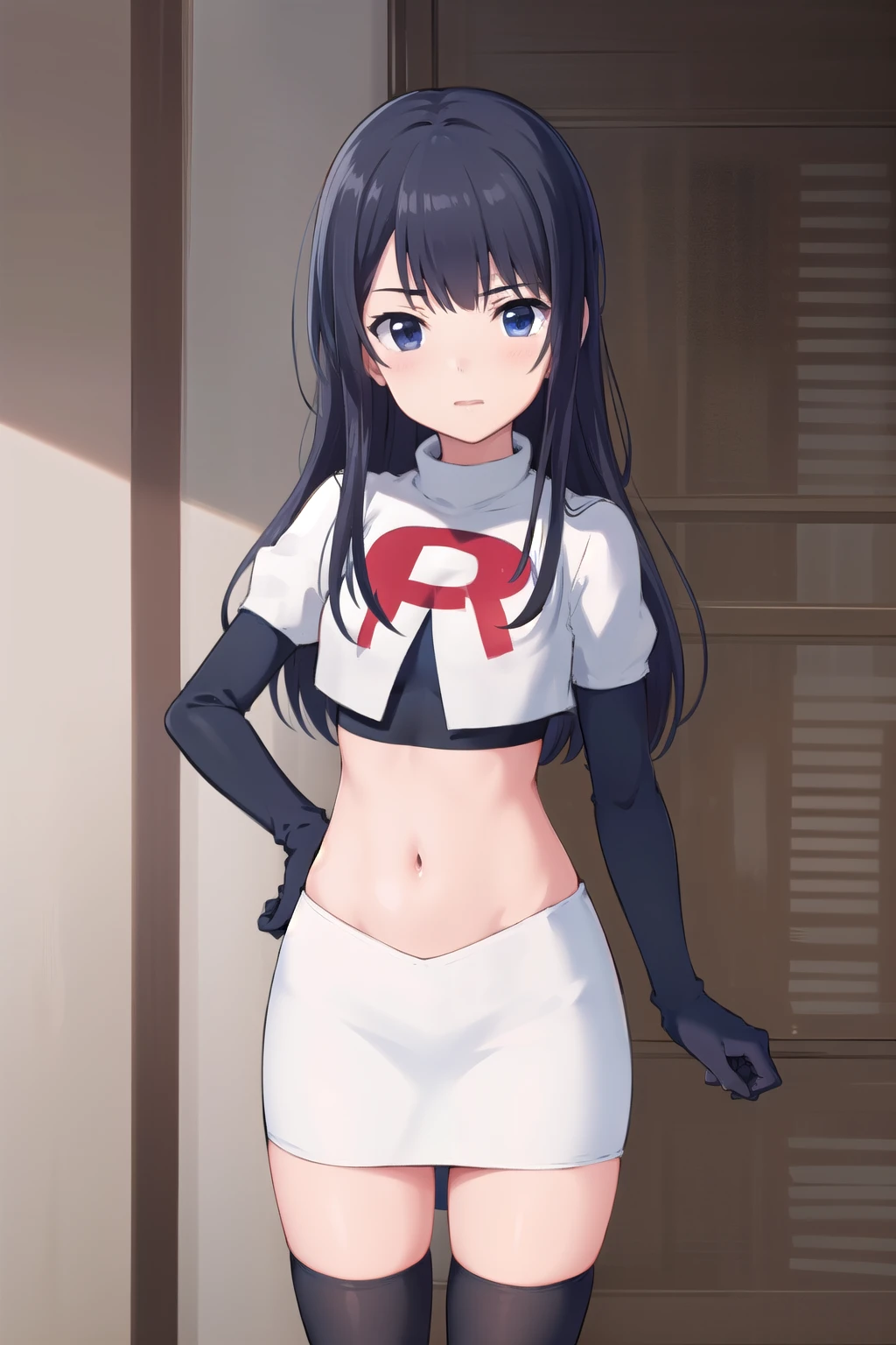 (masterpiece, best quality), 1girl, solo, nagase kotono, blush, team rocket,team rocket uniform,white skirt,red letter R,crop top,black thigh-highs,black elbow gloves