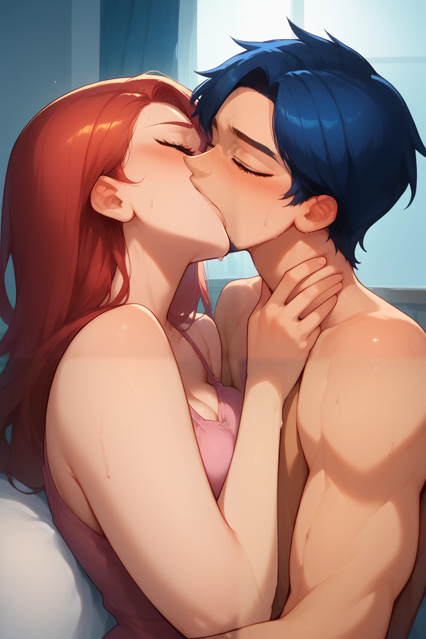 Boy and girl aggressively kissing and making out, on bed, night time, curious, nervous, blushing, sweating, first time