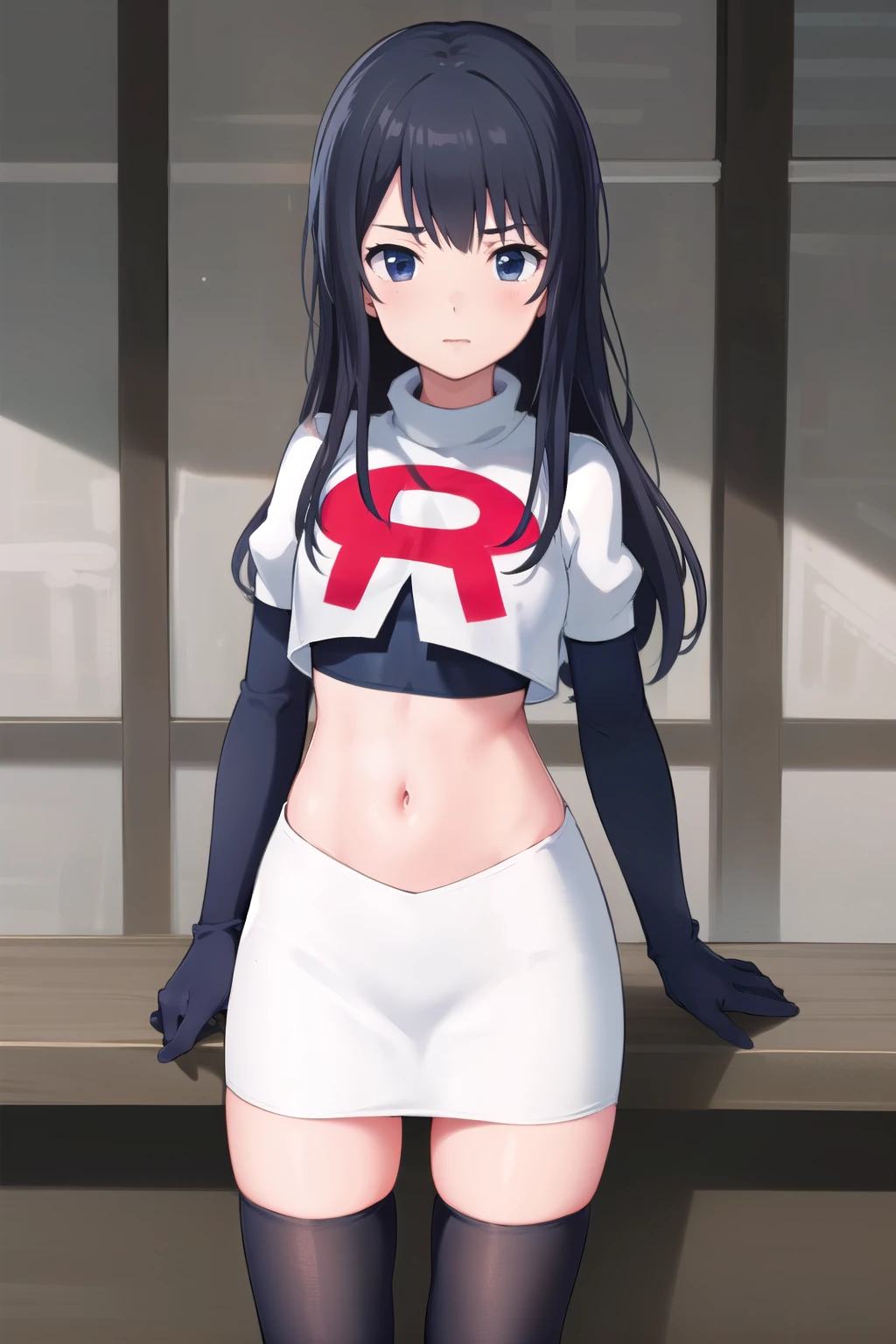 (masterpiece, best quality), 1girl, solo, nagase kotono, blush, team rocket,team rocket uniform,white skirt,red letter R,crop top,black thigh-highs,black elbow gloves