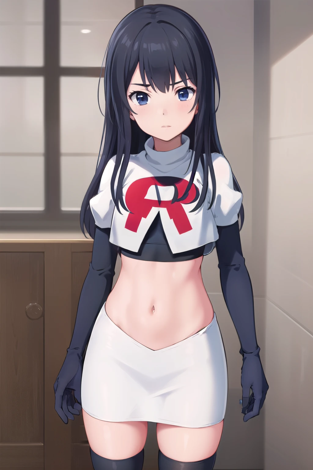 (masterpiece, best quality), 1girl, solo, nagase kotono, blush, team rocket,team rocket uniform,white skirt,red letter R,crop top,black thigh-highs,black elbow gloves