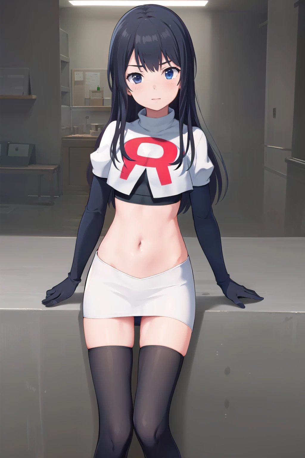(masterpiece, best quality), 1girl, solo, nagase kotono, blush, team rocket,team rocket uniform,white skirt,red letter R,crop top,black thigh-highs,black elbow gloves