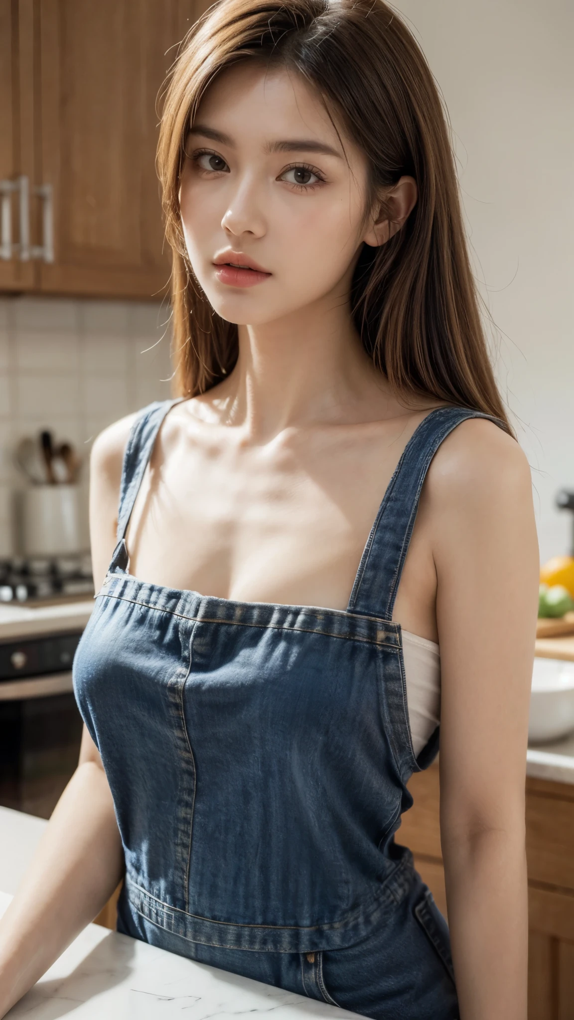 (Best quality, 8k, masterpiece: 1.3), a beautiful woman with perfect figure: 1.2, dark brown hair, wearing a pendant, wearing an apron, in the kitchen, highly detailed face and skin, detailed eyes, double eyelids, big breasts