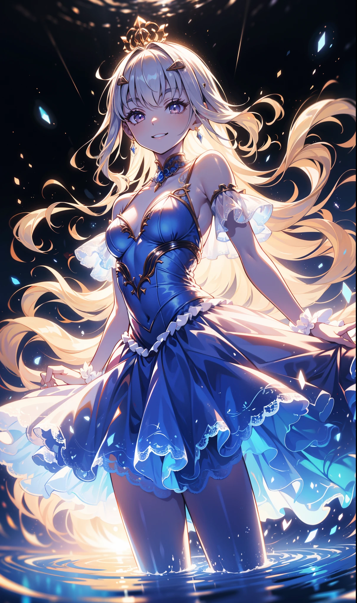 ( top quality combat bed, masterpiece, Super Fine , Very detailed, Beautiful, 16K,Full HD), beautiful face,pull, golden ratio , Dramatic Lighting ,( Pastel Color ), Smile,play, lots of bubbles floating ,Floating in the water, soft lighting , ((alone:1.5)),sea,(( whole body)),(fairy tale princess, purple eyes, Long eyelashes, White Skin,, light pink plump lips , Pale pink cheeks , silver fluffy hair ,Slender, The magic of manipulating water ,Silhouette of a small fish , Bubble Magic ,( tall nose ,Small nose),(Big cape .),(diamond and pearl tiara,pearl earrings,pearl necklace),( light blue and white prom dress :1.1, dress that dissolves in water , Pure White Lace and Ruffles ,pearl),( Smile:1.2), ( fantasy, Romantic Atmosphere ), Magic Lamp ,