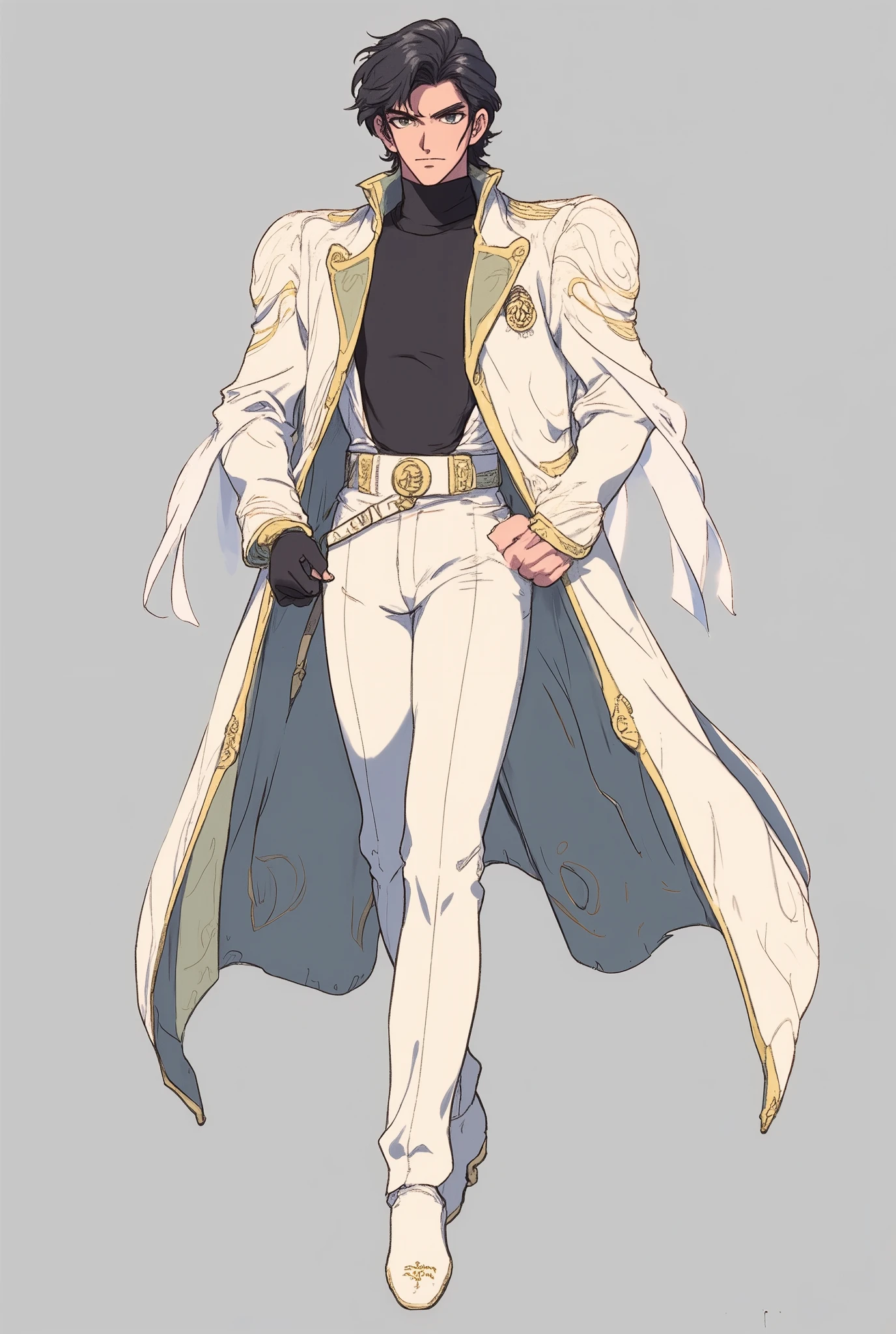 appearance:
Daisuke Arakawa has an imposing presence, radiating authority with every movement. He is tall and of an athletic build, with wide shoulders and an elegant but threatening posture. his hair is jet black , brushed backwards with an almost unnatural perfection, without a single strand out of place . His face is sharp and aristocratic, with golden eyes intense and an expression of absolute confidence.
He wears a pristine white suit, with a black turtleneck shirt and gold details on the cuffs and collar. His long coat , with patterns of golden spiral lines, flutters with every step. He wears leather gloves and a pocket watch, who checks calmly even in the most tense moments. On his shoes is engraved the kanji (ō, "rey").