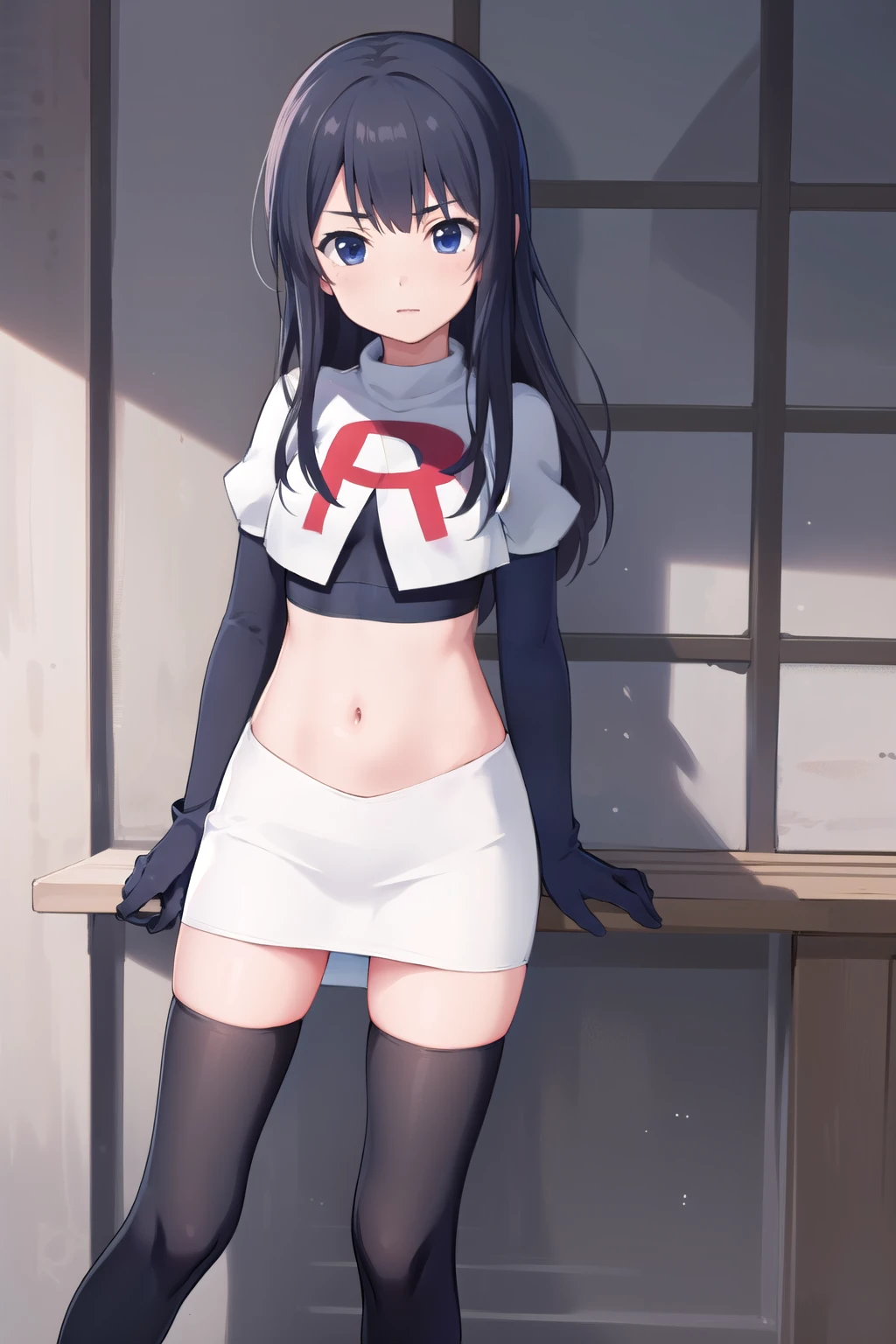 (masterpiece, best quality), 1girl, solo, nagase kotono, blush, team rocket,team rocket uniform,white skirt,red letter R,crop top,black thigh-highs,black elbow gloves