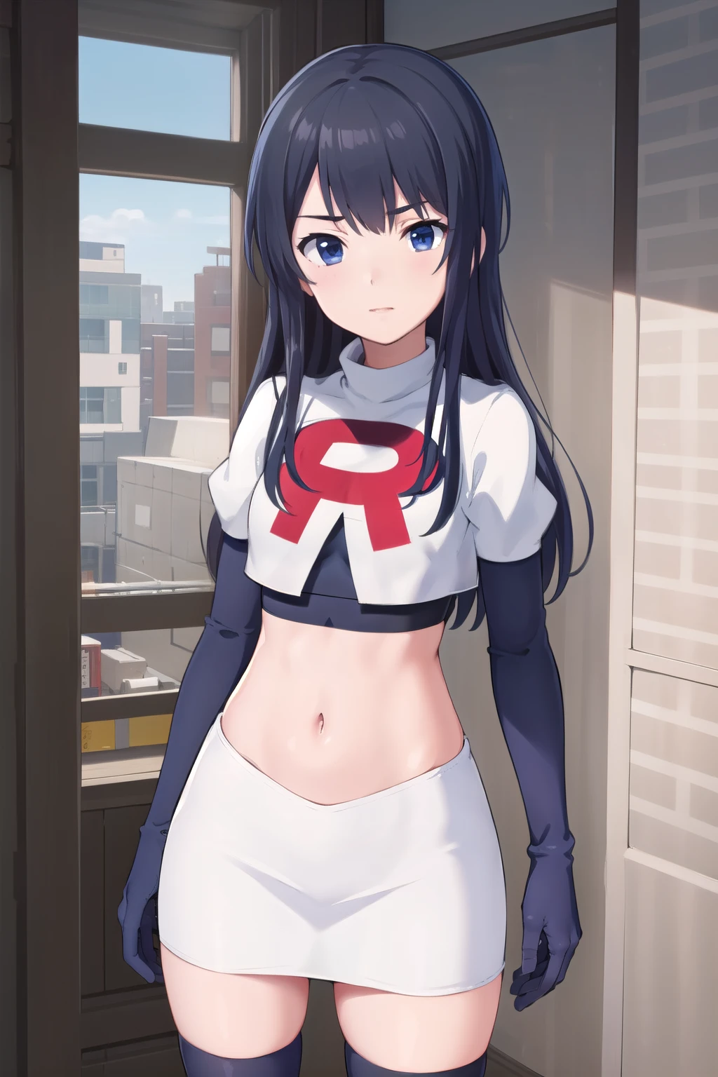(masterpiece, best quality), 1girl, solo, nagase kotono, blush, team rocket,team rocket uniform,white skirt,red letter R,crop top,black thigh-highs,black elbow gloves