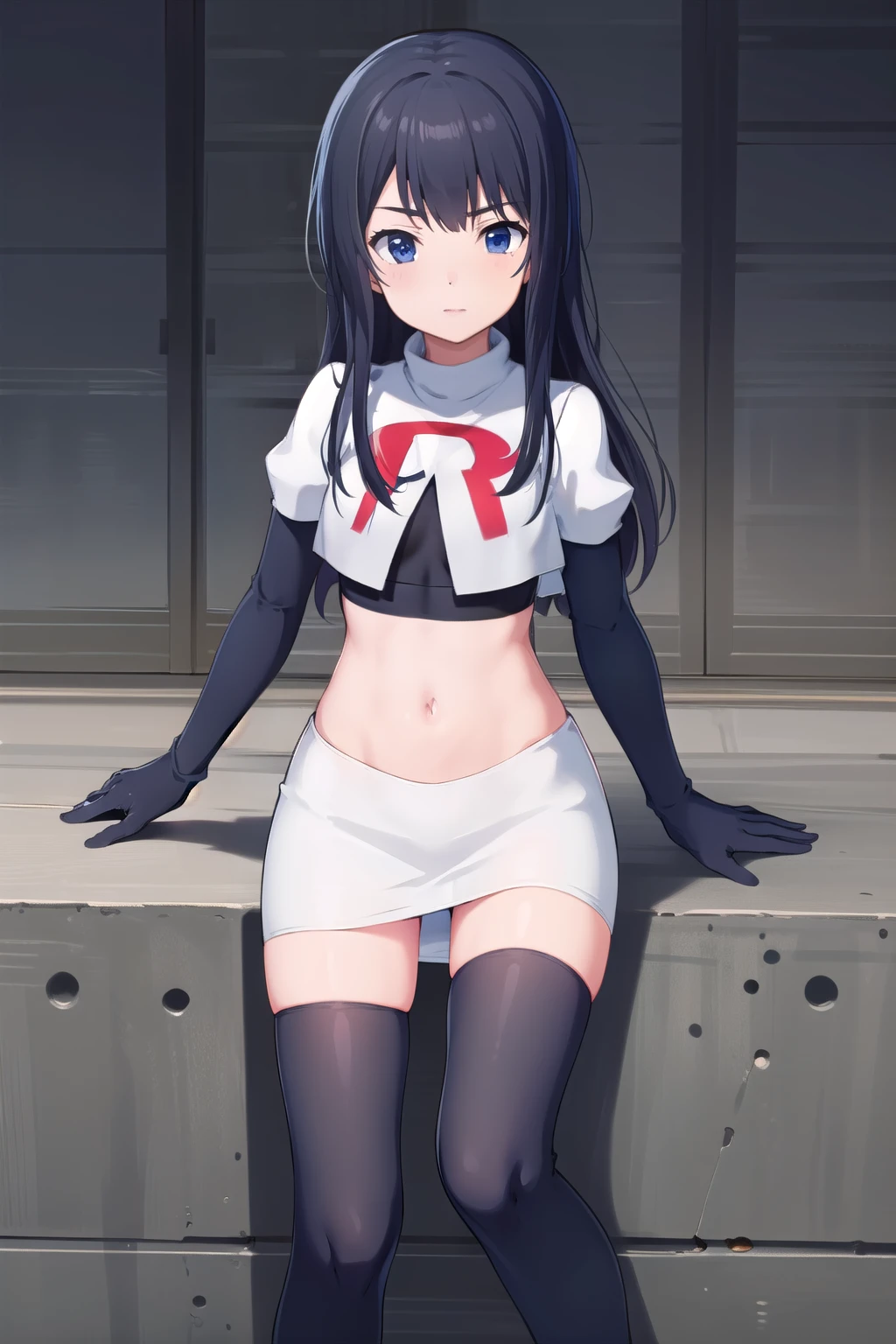 (masterpiece, best quality), 1girl, solo, nagase kotono, blush, team rocket,team rocket uniform,white skirt,red letter R,crop top,black thigh-highs,black elbow gloves