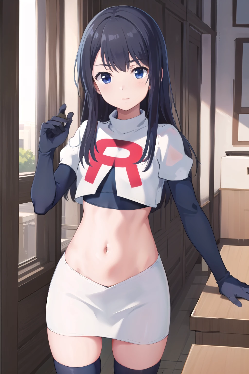 (masterpiece, best quality), 1girl, solo, nagase kotono, blush, team rocket,team rocket uniform,white skirt,red letter R,crop top,black thigh-highs,black elbow gloves