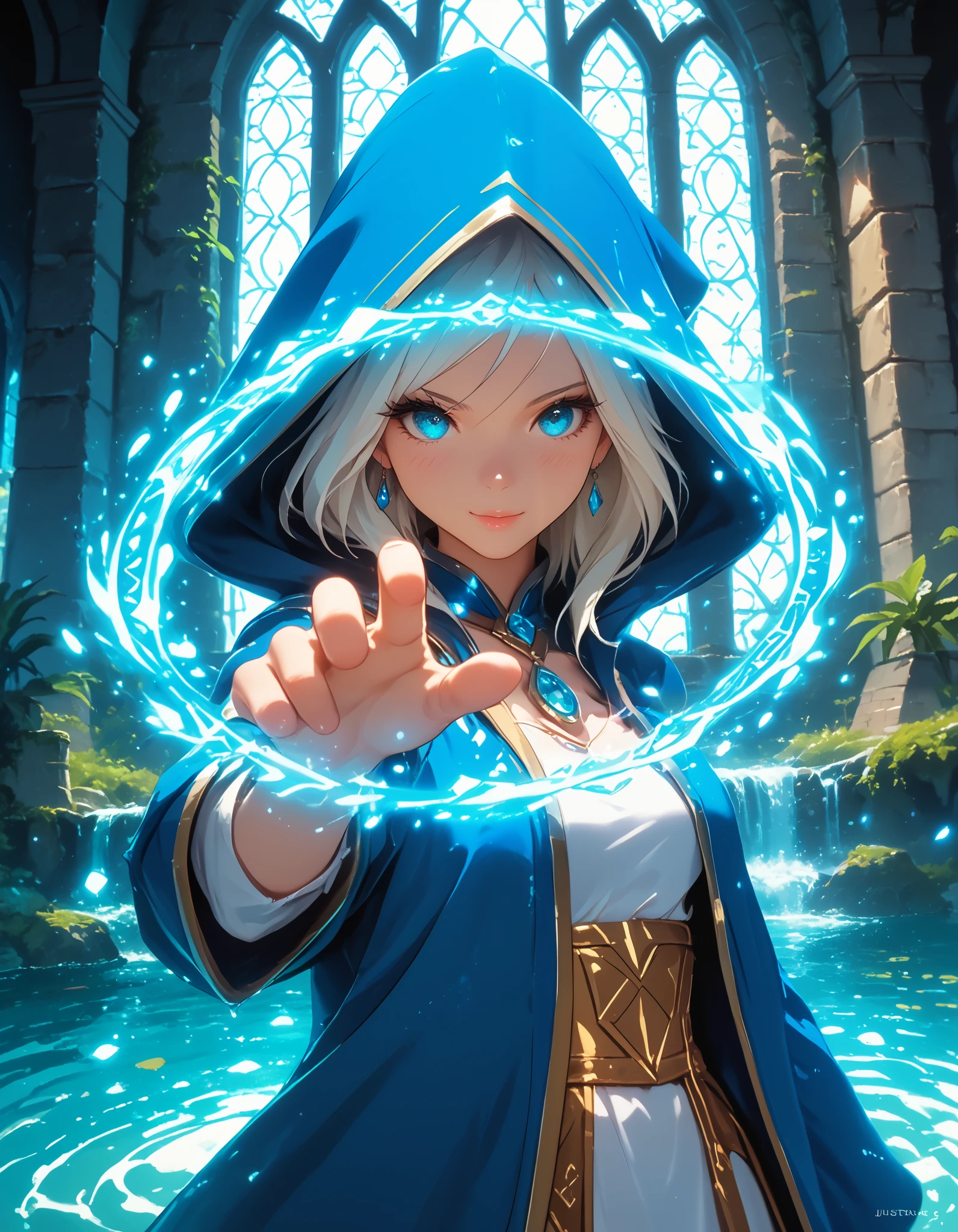 (flat-color cartoon artwork in jmst artstyle), Beautiful stunning Woman, sorceress girl, water spell_bind, water twirl, performing a WATER spell, Best quality. cute, sexy, long eyelashes, vibrant and colorful, Squeezing breasts, far wide shot, (pointy_breasts), (triangular shaped, ((frontal shot)), glamour, sexy, cinematic 8k, UHD, WATER magic, glow, fantasy, Inside CASTLE TOWER, STONE walls, window, TROPICAL ISLAND view, LowKeyLights, ((spell bind)), water spell bind, water dress, flat color anime, (waist-up angle), cowboy shot, close angle, near shot,