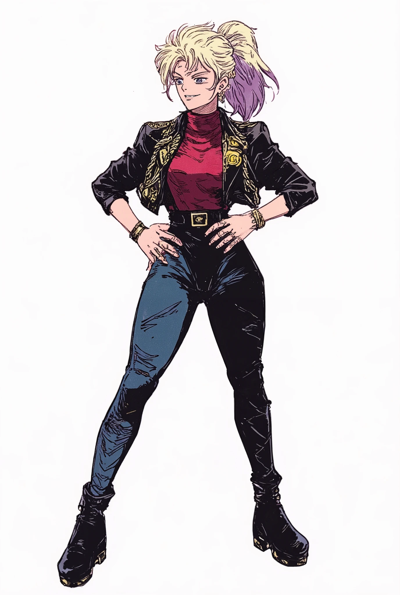 appearance:
Junko has an impressive presence, despite her average height. Her hair is platinum with purple reflections, long and voluminous, hairstyle in a high ponytail with loose locks framing her face. Her eyes are amber gold, with a lively and challenging look.
Wear an outfit inspired by punk fashion and classic JoJo style: a short black leather jacket with gold details and an emblem of a comet surrounded by chains on his back. Below, she wears a red turtleneck top with a pattern of golden spirals. Her pants are tight and dark blue, with zigzag lines on the sides. He wears platform boots with metal buckles and a studded band on his left wrist.
As accessories, has several rings on his fingers and a star-shaped earring on his right ear. Her posture is usually confident, with a hand on the hip and a mocking smile.