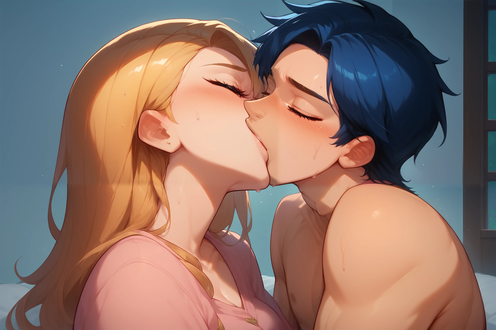 Boy and girl aggressively kissing and making out, on bed, night time, curious, nervous, blushing, sweating, first time