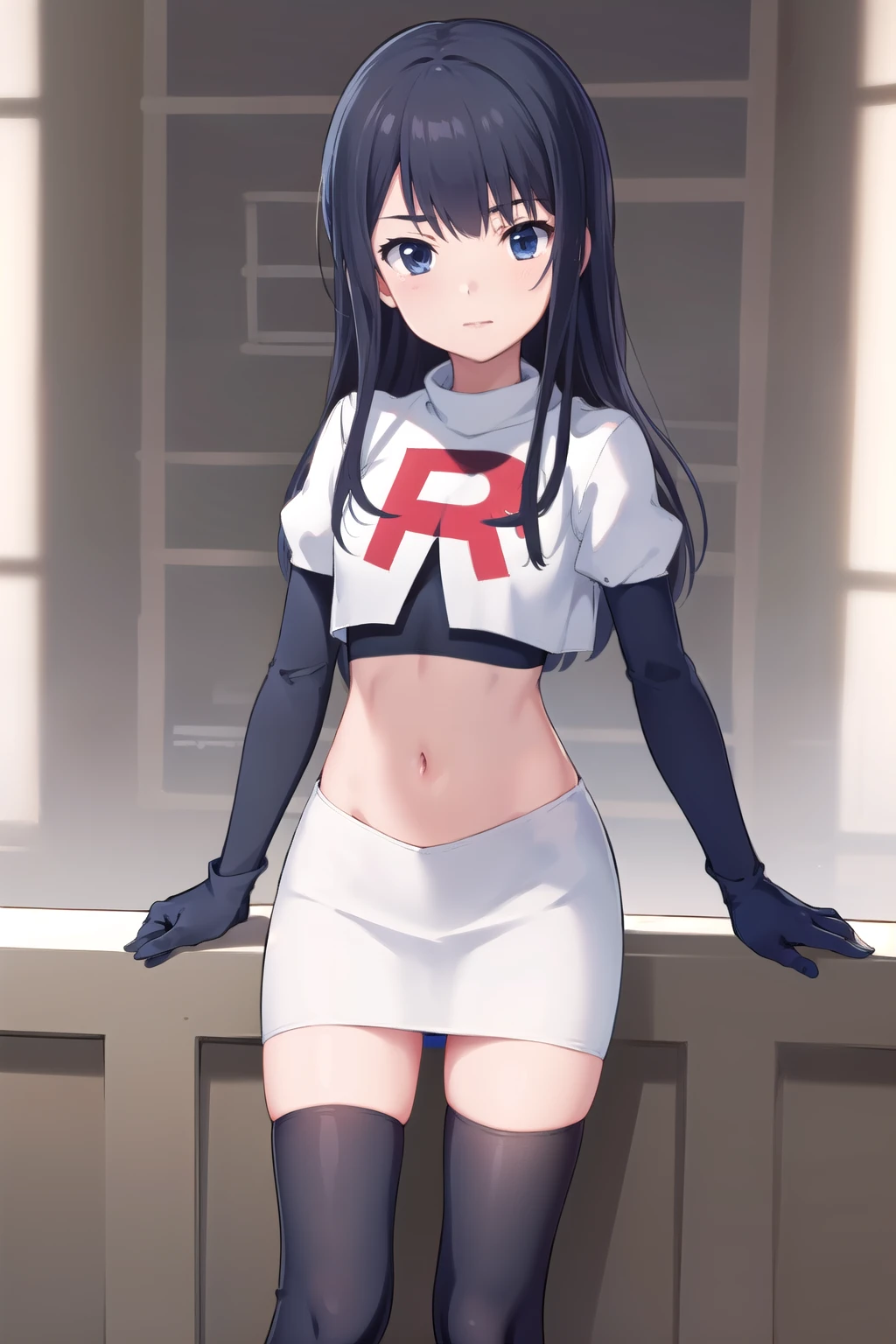 (masterpiece, best quality), 1girl, solo, nagase kotono, blush, team rocket,team rocket uniform,white skirt,red letter R,crop top,black thigh-highs,black elbow gloves