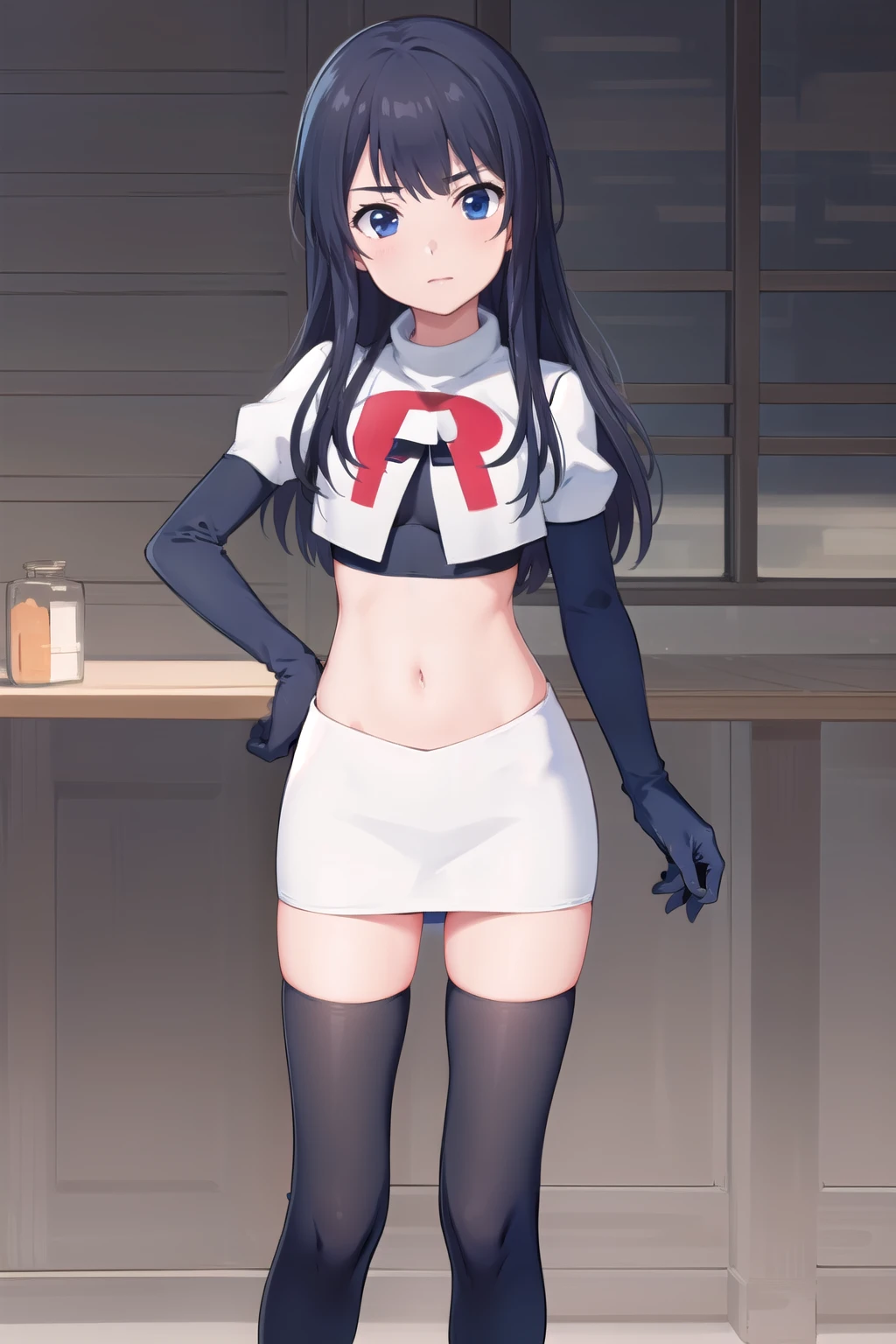 (masterpiece, best quality), 1girl, solo, nagase kotono, blush, team rocket,team rocket uniform,white skirt,red letter R,crop top,black thigh-highs,black elbow gloves
