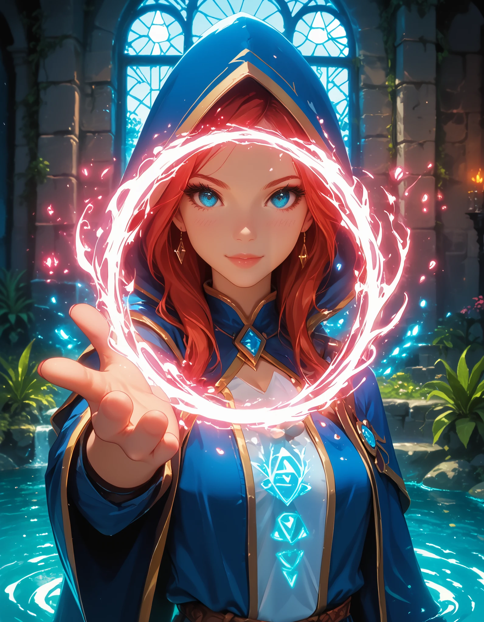 (flat-color cartoon artwork in jmst artstyle), Beautiful stunning Woman, sorceress girl, water spell_bind, water twirl, performing a WATER spell, Best quality. cute, sexy, long eyelashes, vibrant and colorful, Squeezing breasts, far wide shot, (pointy_breasts), (triangular shaped, ((frontal shot)), glamour, sexy, cinematic 8k, UHD, WATER magic, glow, fantasy, Inside CASTLE TOWER, STONE walls, window, TROPICAL ISLAND view, LowKeyLights, ((spell bind)), water spell bind, water dress, flat color anime, (waist-up angle), cowboy shot, close angle, near shot,