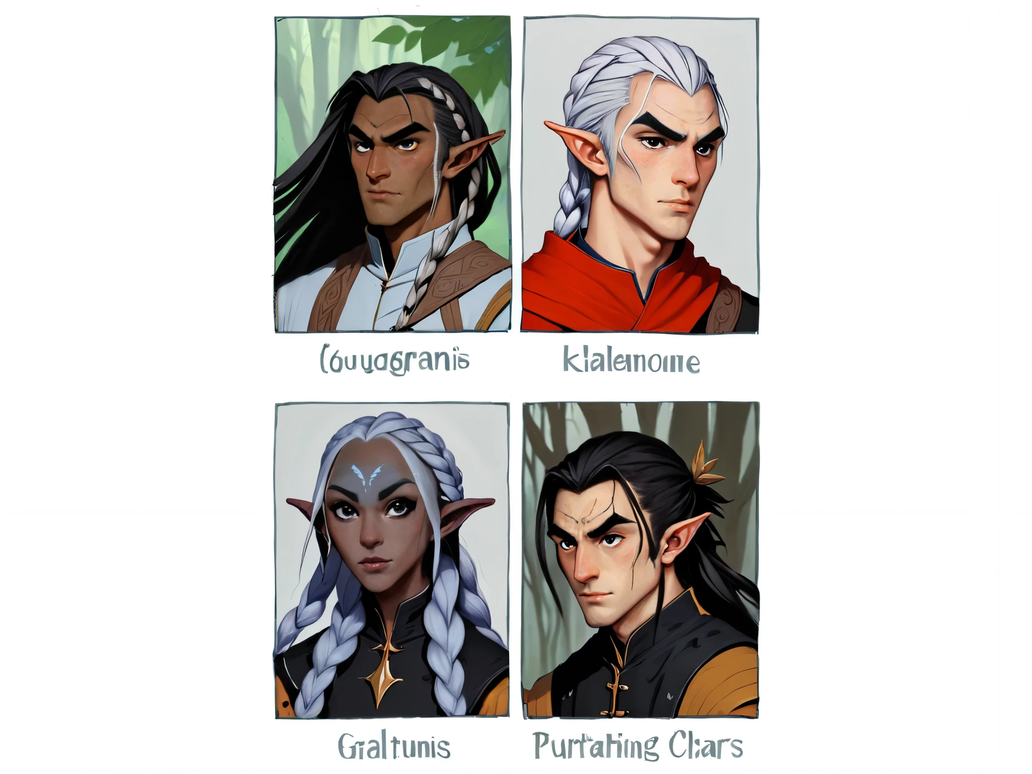2D ART, hyper detailed gouache painting, illustration, gougoupaintleaves style, portrait of a man, 1boy, solo, long_hair, braided brown hair, high_ponytail_hairstyle, male_drow:1.5, dark elf, black eyes, black_sclera, detailed face, handsome features, dark medieval tunic, pointy ears, standing in a dark forest, pov from_below, frontal full body shot, on simple white background, full body shot, very detailed, novuschroma style