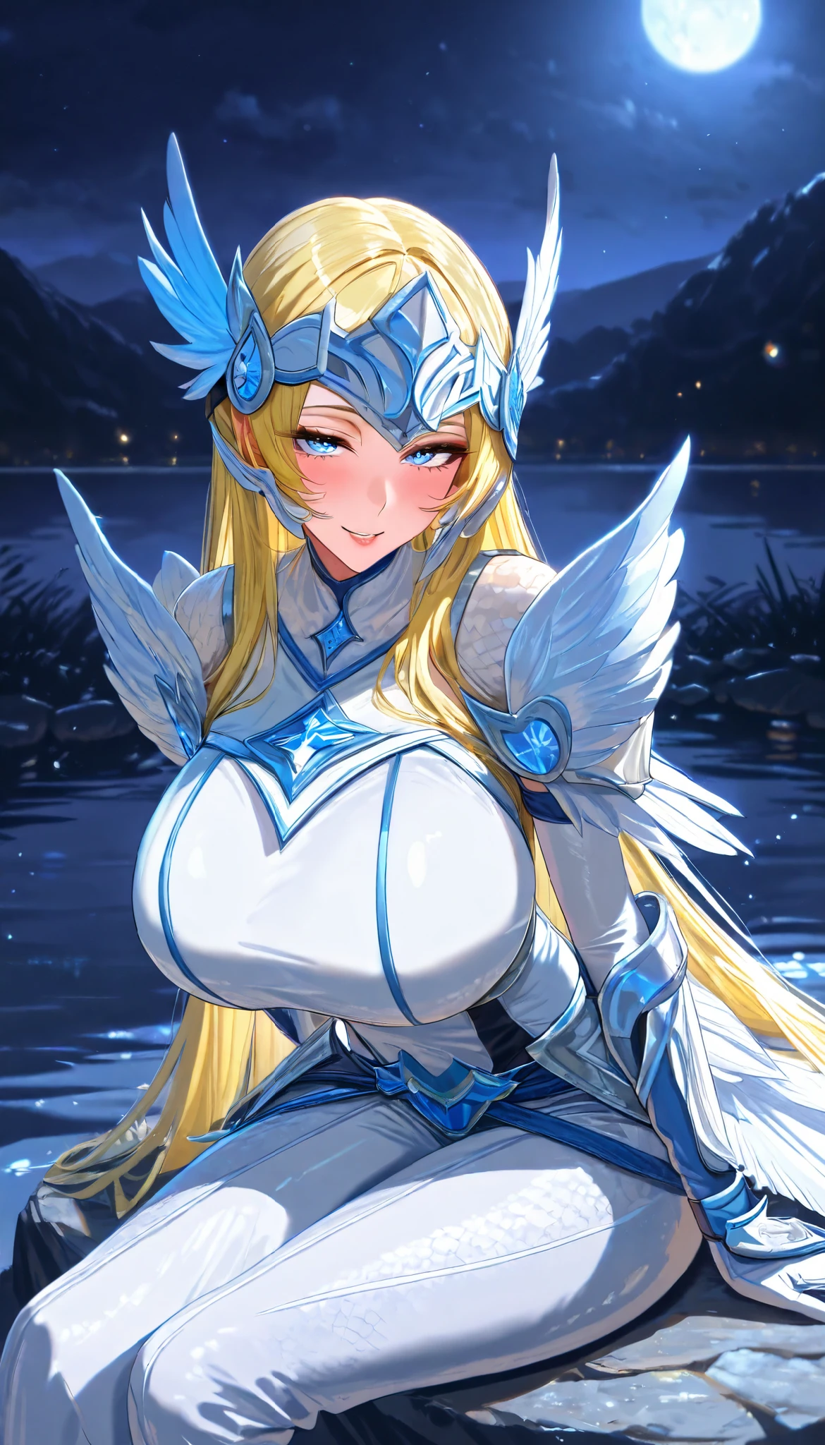 A Swan Female ,Perfect body,Oppai, (Yellow hair, long hair, straight hair), White Swan Metal Wings Forehead Protector, Blue eyes, (A pair of Swan White Wings), Wearing A White Swan Crystal Knight Armor,Torogao, seductive smile, Sitting on a stone in the prairie, Lakeside,full blush,Midnight, Moonlight, UHD, SOLO, anatomically correct, masterpiece, textured skin, high details, highres, 1080P, 16k, accurate,Beautiful face, Perfect face, Highly detailed beautiful face and eyes, Attractive face, Detailed face, Delicate facial features, Detailed skin,Cowboy shot