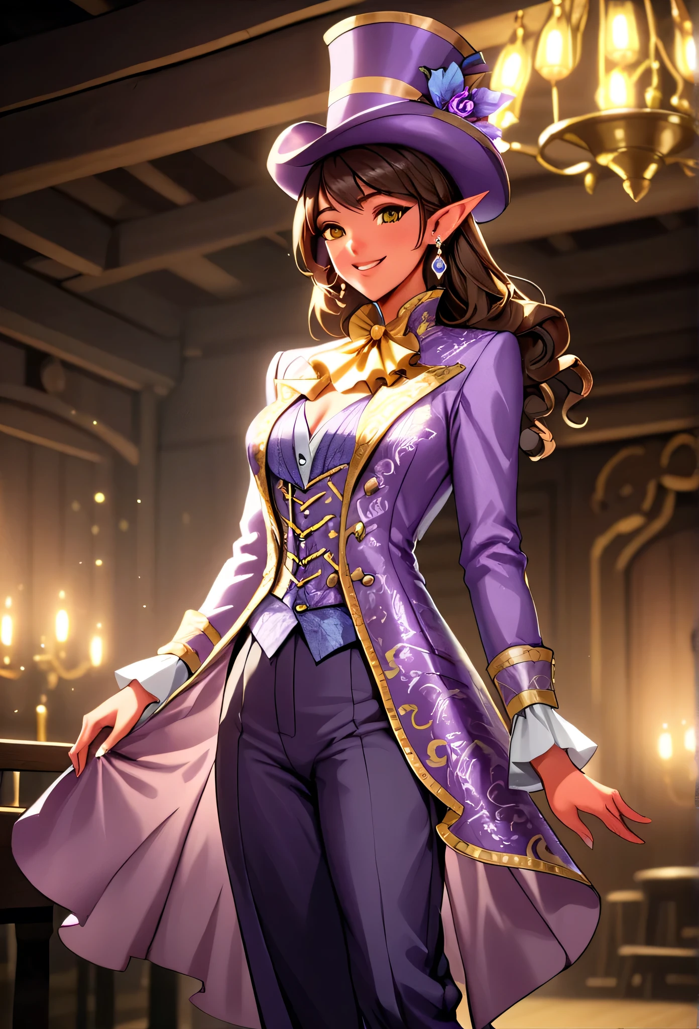 (masterpiece, best quality, 2k), solo, (female tiefling, pointed ears, tail), light red skin, beautiful body, sleek legs, brown hair , (((oversized shimmering light purple silk top hat))), (((shimmering light purple baroque style frock coat, long sleeved))), ( dark purple paisley style waiscoat underneath frock jacket), (shimmering golden cravat)), (((ebony colored colonial trousers))), ((brown heeled boots)), earrings, posing in tavern stage, (smiling, ladylike, serene, playful), glamorous pose, close up shot,