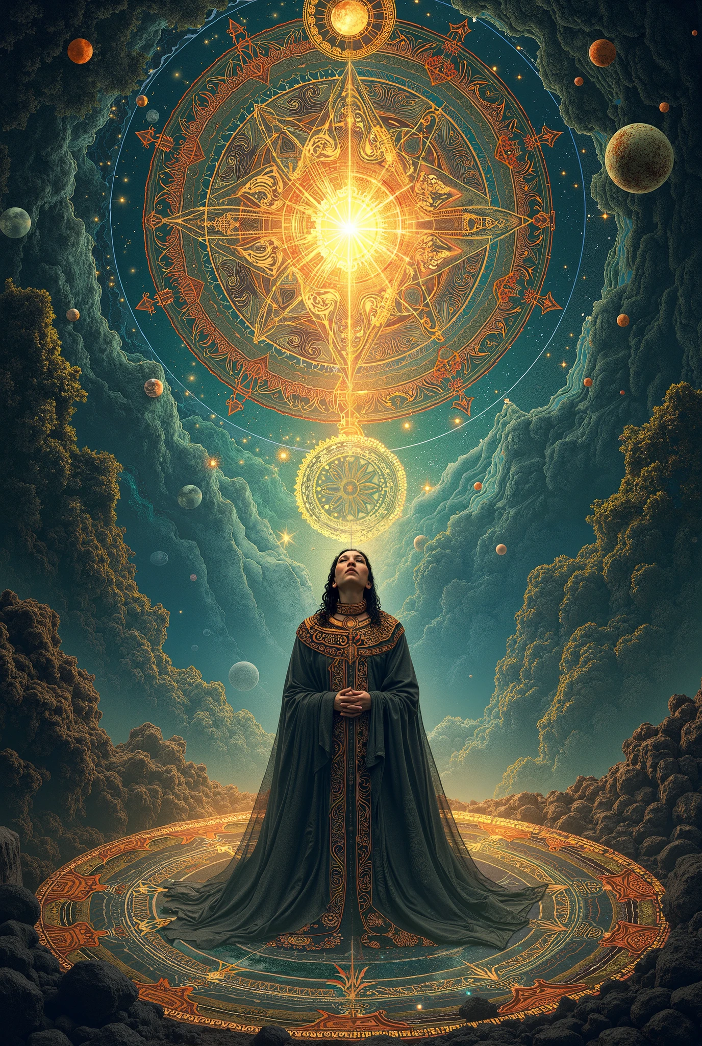 Astrologer，Magic Circle, Sacred geometry, Clear focus, Floating Ghost Mage, Heaven and earth collapsed, Mobius strip, Black Hole, Lots of meteorites floating, Combination Magic Circle, call, Transformation of matter and immateriality, Kim Sik, and other complex ritual combinations , Mike Winkelmann style的超现实数字艺术, Rolf ARmstRong style: Fractal, Alberto Vargas, 和 H&#39;style.R. liver. liver,Magical Realism,classical realism,Surrealism,imagination,Science fiction,From another realm,impossible,Visual exaggeration,Post-cyberpunk,Nano punk,Atomic Punch,gather,Circuit,lightpainting,白羊seat,♈︎,金牛seat,♉︎,双子seat. ♊︎,cancer,♋︎,天蝎seat,♏︎,天秤seat,♎︎,seat,♍︎,狮子seat,♌︎,射手seat,♐︎. 摩羯seat,♑︎,水瓶seat,♒︎,双鱼seat,♓︎,Unreal Engine,Octane RendeRing,V-Ray,High Detail,high quality,high resolution,Surrealism,16K,Ultra wide angle,High Angle Shot,,Bioluminescence,
