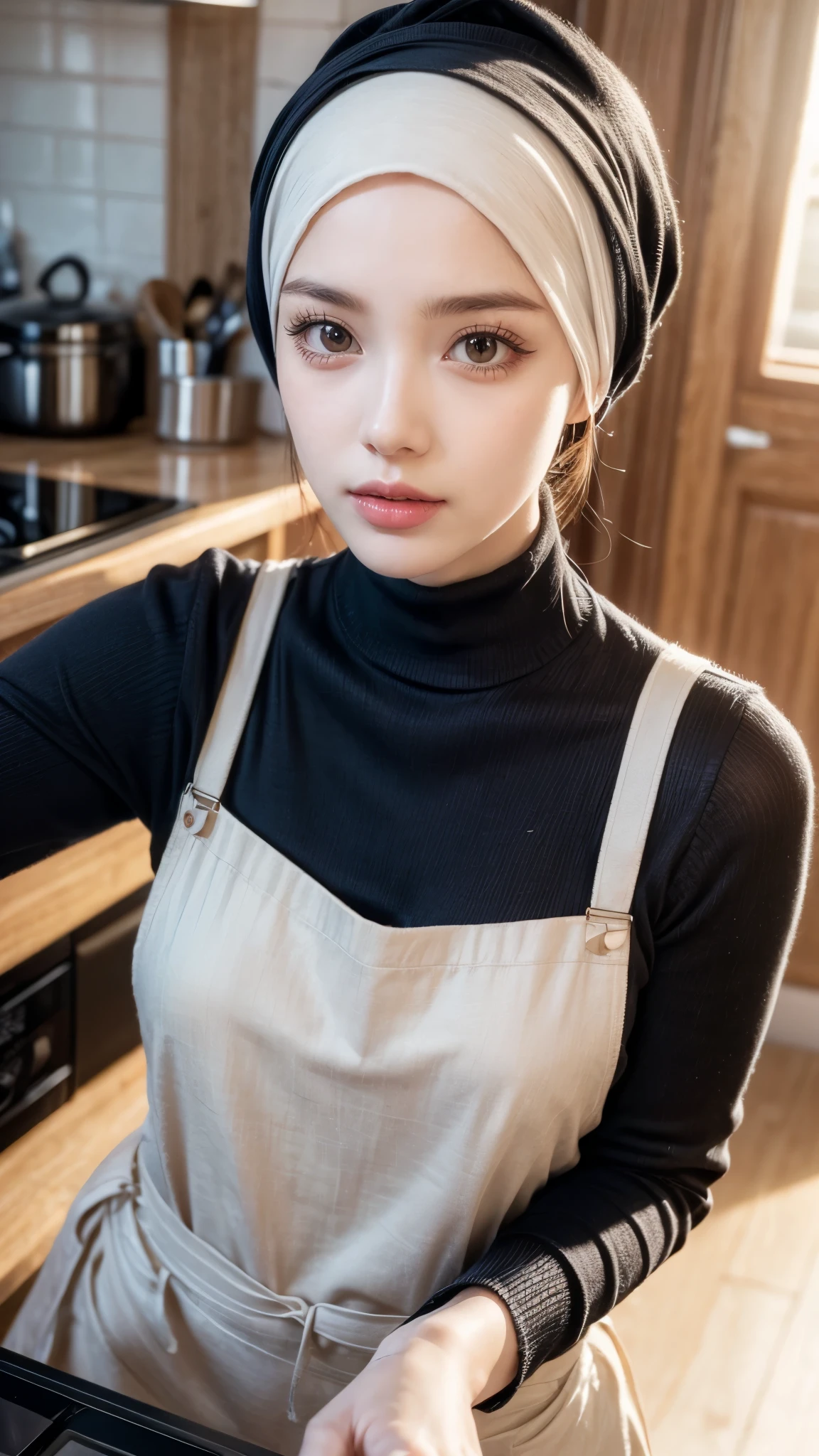 a woman in a modern kitchen setting, wearing an apron, posing and looking directly at the camera, (best quality,4k,8k,highres,masterpiece:1.2),ultra-detailed,(realistic,photorealistic,photo-realistic:1.37),extremely detailed eyes and face,beautiful detailed lips,beautiful detailed eyes, long eyelashes,photorealistic,intricate details,soft lighting,warm colors,high-quality,exquisite,elegant, turtle neck black color sweater , hijab.
