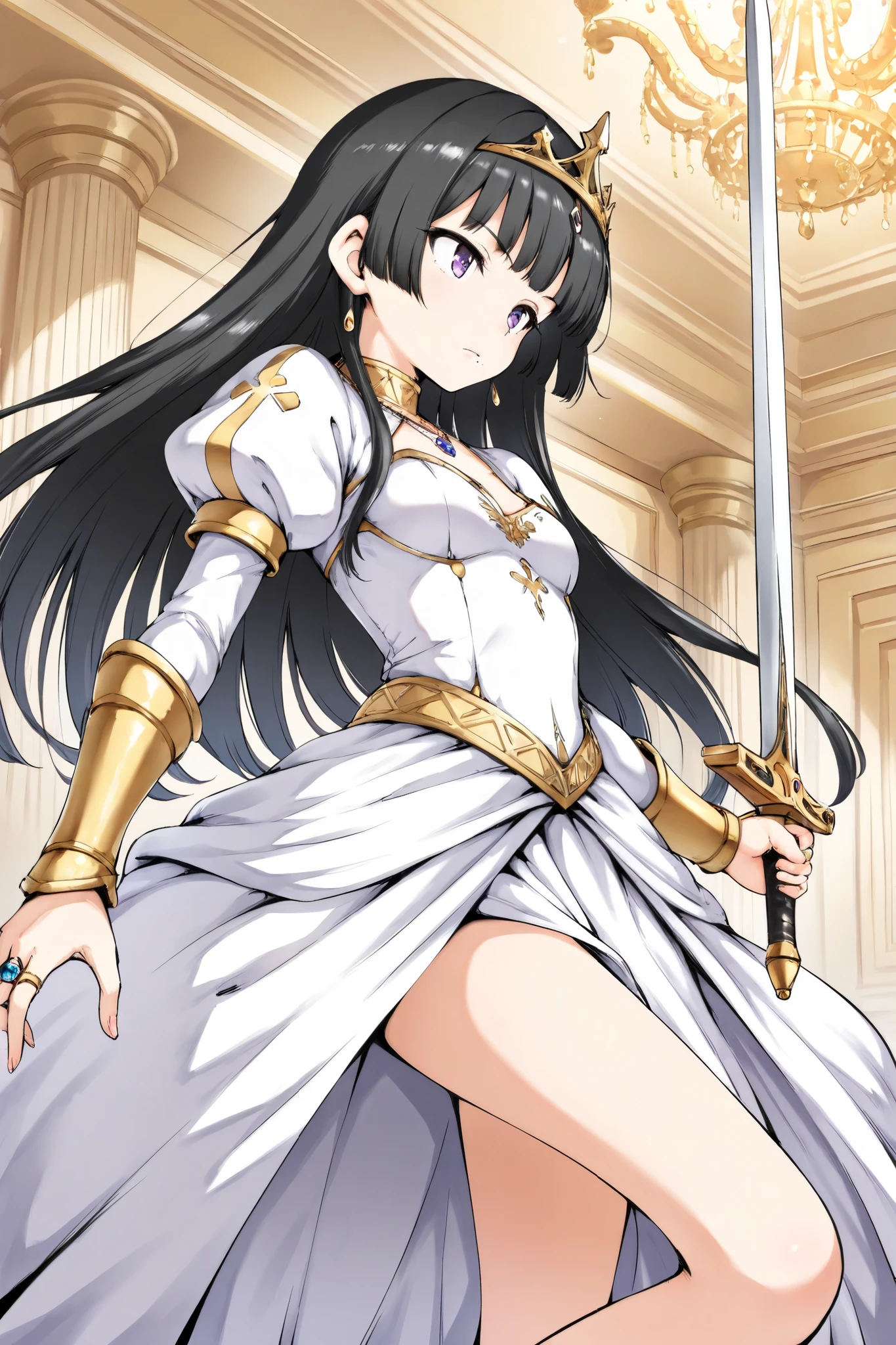 ((masterpiece, best quality, high quality, detailed, highly detailed, professional quality )), BREAK, Hamao, lower angle, cowboy shot, BREAK, solo,1girl, (expressionless), (tall stature), slim, black hair, long hair, straight hair, wispy bang, BREAK, purple eyes, BREAK, mole under mouth, BREAK, small breasts, cleavage cutout, BREAK, (princess), armored dress, BREAK, gold tiara, necklace, jewelry, ring, grove, BREAK, gold high heels, BREAK, holding sword, long sword, BREAK, fighting, dynamic posing, BREAK, ballroom, indoors