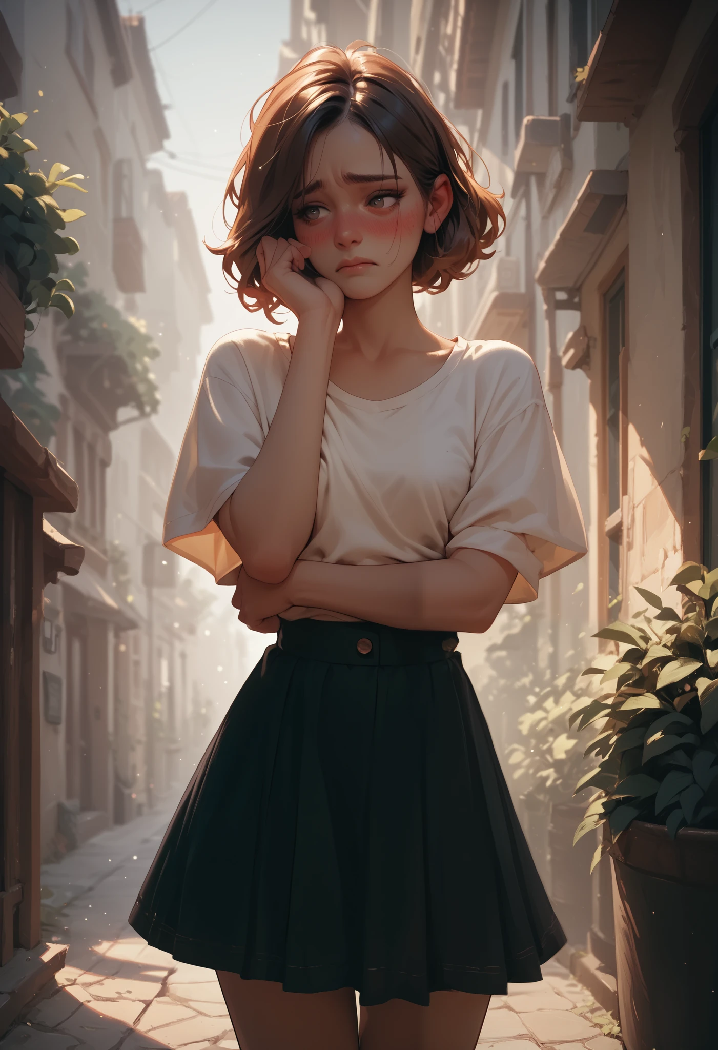 2B sexy and sensual, look attractive and embarrassed trying to lower her skirt with her hands