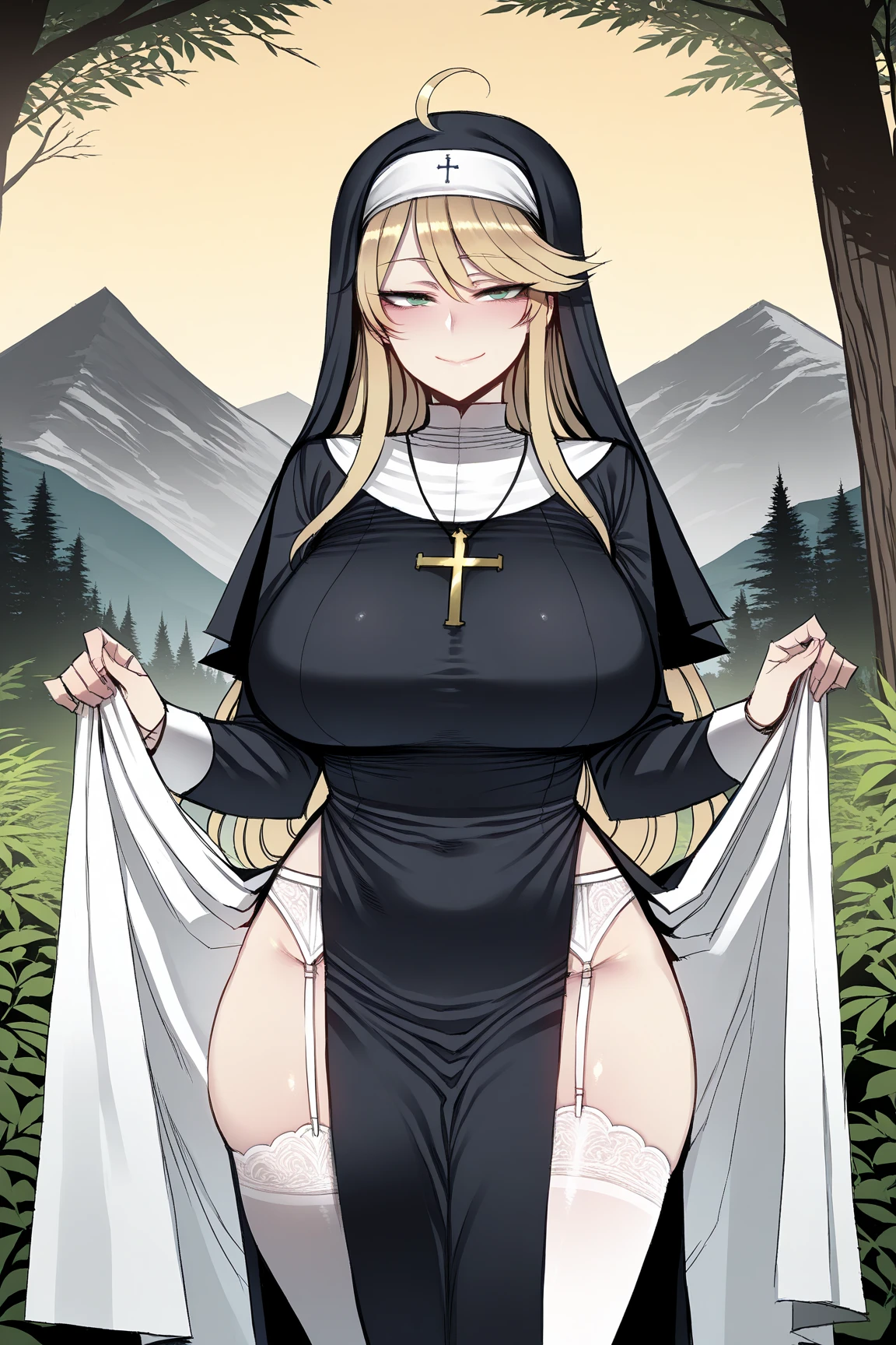 long hair, blonde hair, (dark skinned female), (nun), big breasts, Big ass, Deer antlers, venus body, erection, large testicles, cock sheath, dark testicles, pink penis, red brash, forest background, angry,lie down,spread legs,