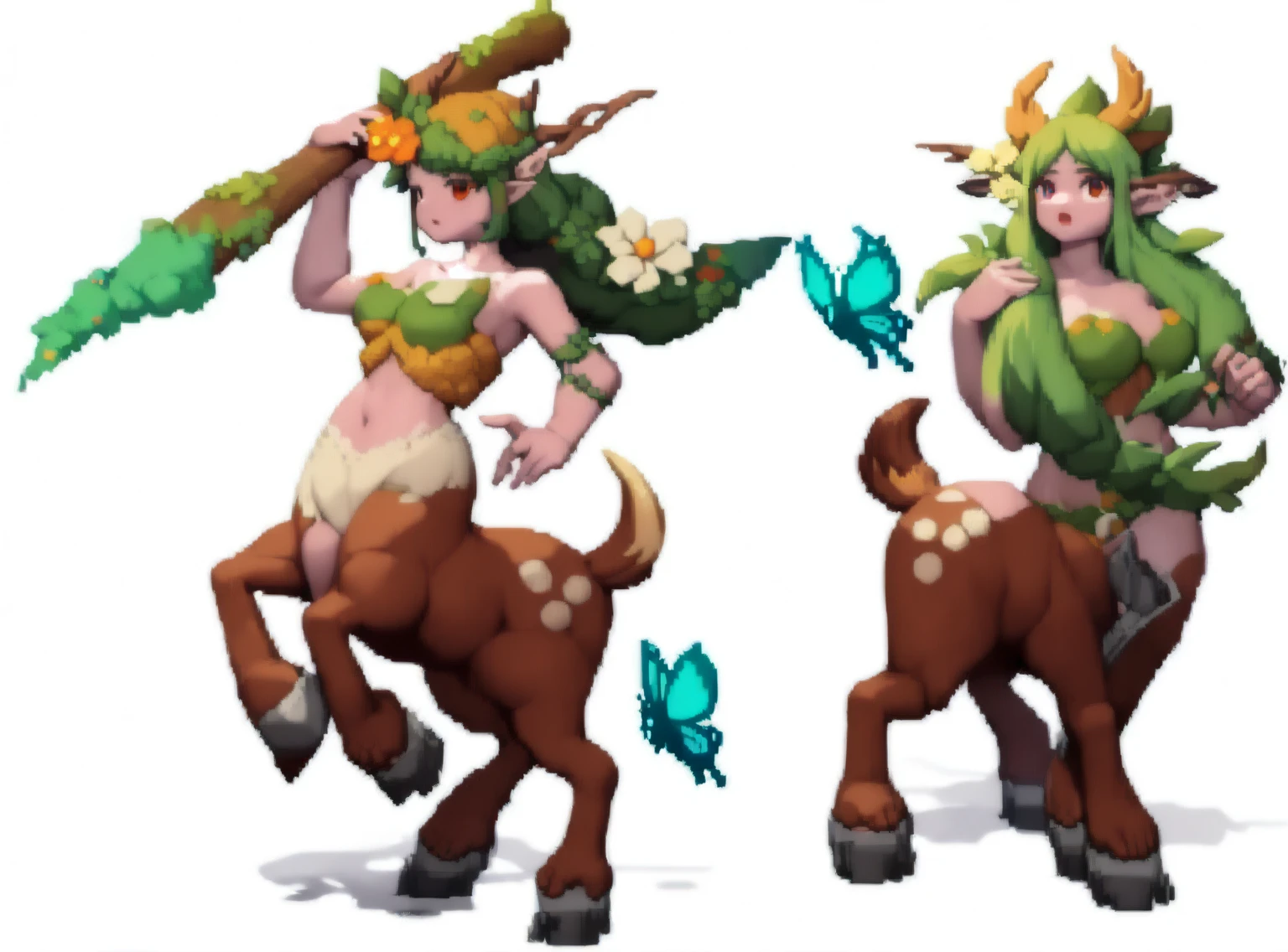 Lillia from League of Legends, ((deer centaur)), 4 hooves, two arms, two hands, deer tail, fluffy, high resolution, realistic, Soft, 4K, upscales, high detail, Delicate fur, forest, big breasts, big nipples, hyper areola, long nipples, 4 legs, feral, smile, purple eyes, 1 girl, peeking at viewer, big feral deer butt, hyper canine pussy, presenting canine pussy, back toward viewer, looking back at viewer, drippy pussy