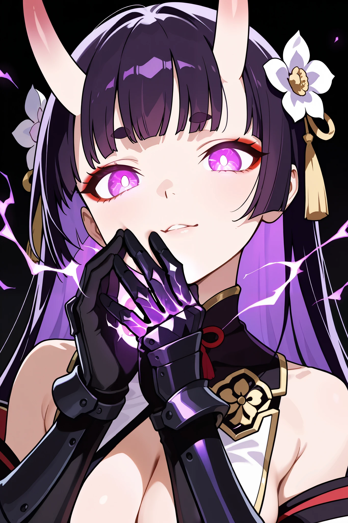 masterpiece, best quality, amazing quality, highres, absurdres, newest, very aesthetic, ultra detailed, perfect anatomy, good hands, portrait, 1girl, solo, Japanese aesthetic, dark purple hair, hime haircut, long hair, straight hair, glowing inner hair, purple eyes, glowing eyes, white pupils, red eyeshadow, short eyebrows, makeup, oni horns, cleavage, breast curtains, bare shoulders, black gloves, gauntlets, kanzashi, upper body, simple background, black background, purple electricity, purple sparks, purple aura, face close-up, mutsuki face, chibi