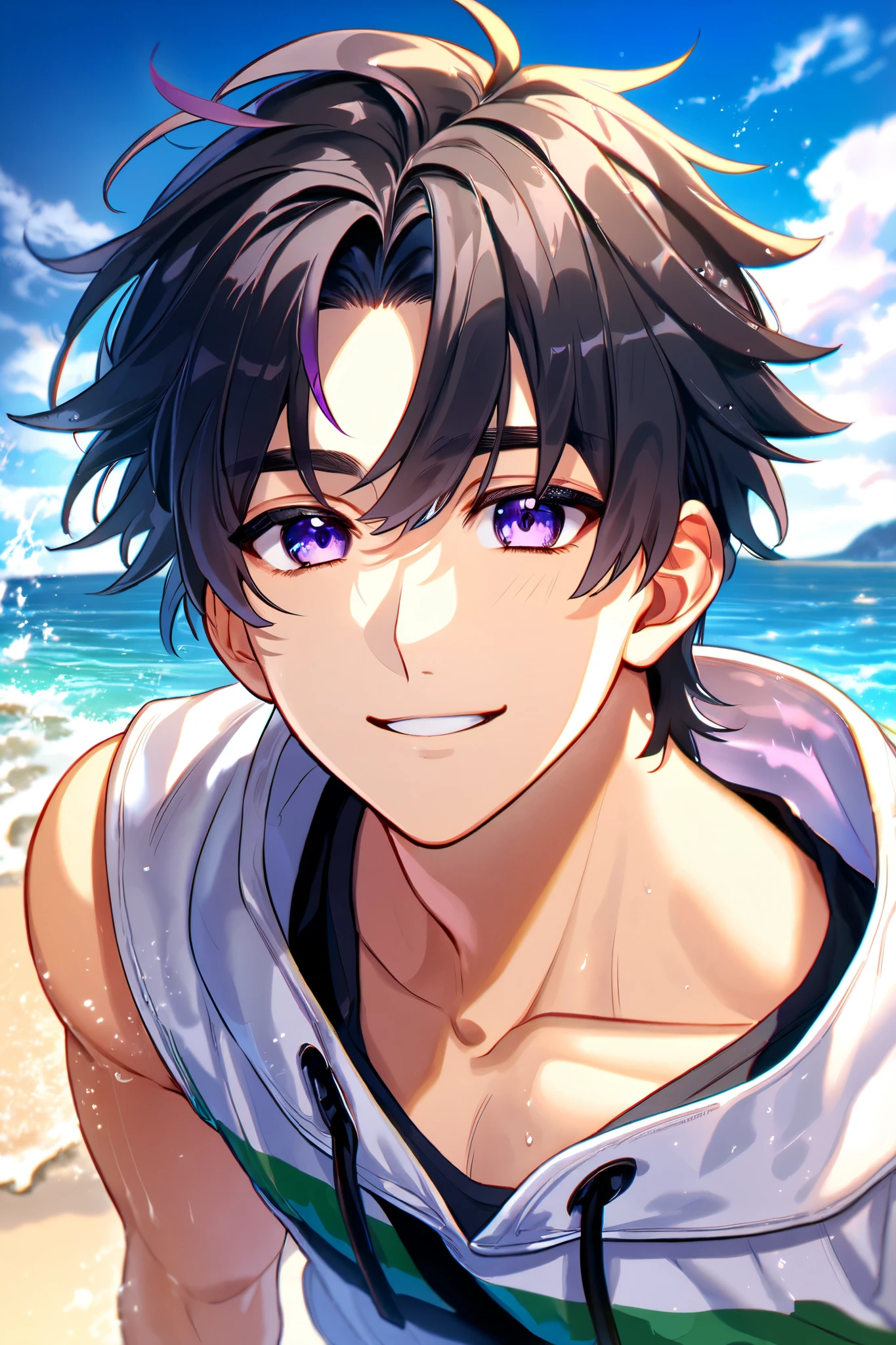 Anime boy with black hair and blue eyes standing on the beach - SeaArt AI