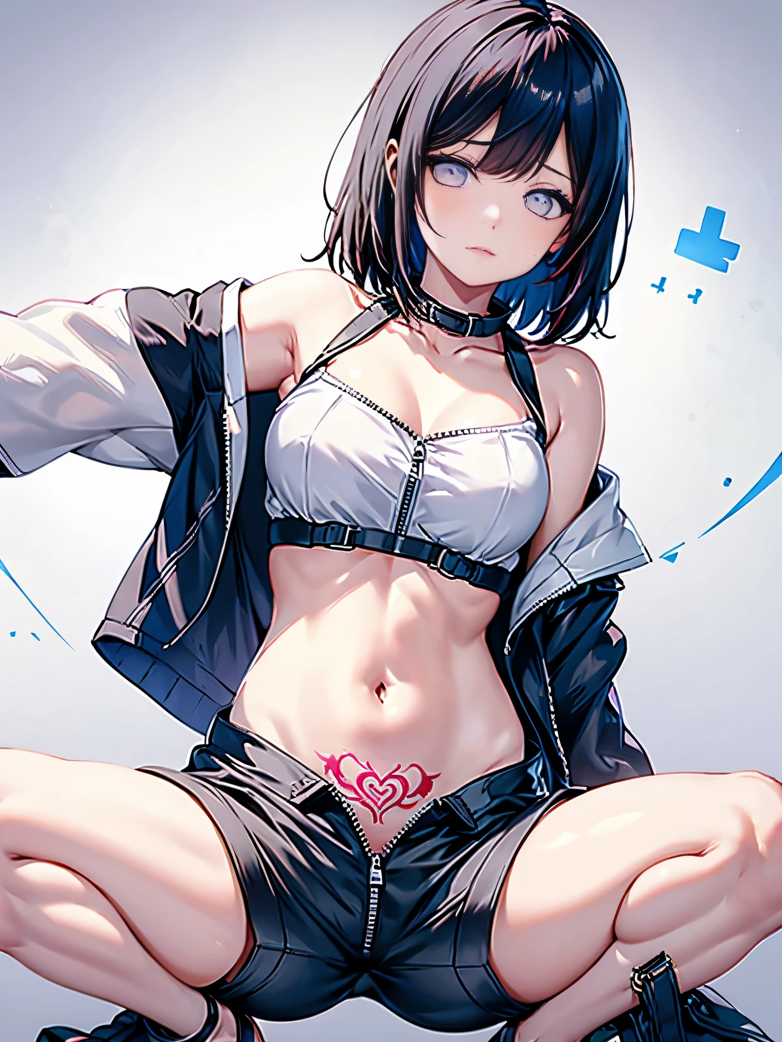 outside，Shorthair twin tails，High school girls open their legs，From below，Showing underboob、White panties，Suck your finger