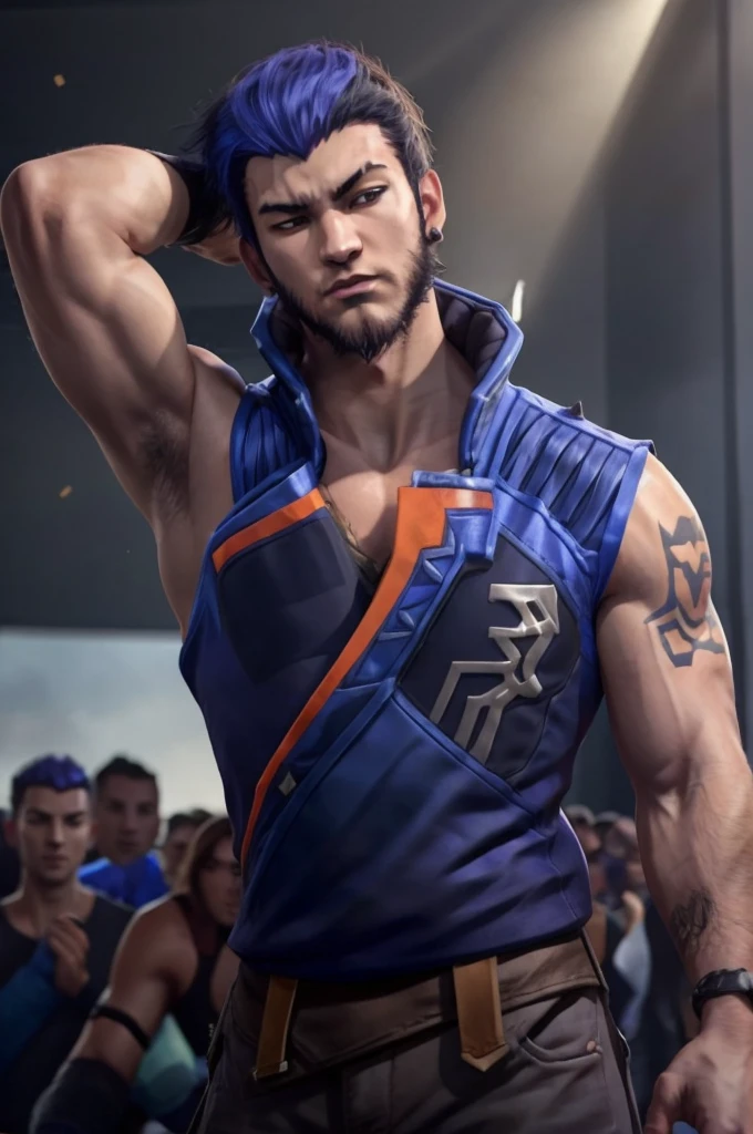yoru valorant, alone, portrait, tank top, both hands raised above head, armpit exposed, bushy armpit hair, penis out, huge penis,