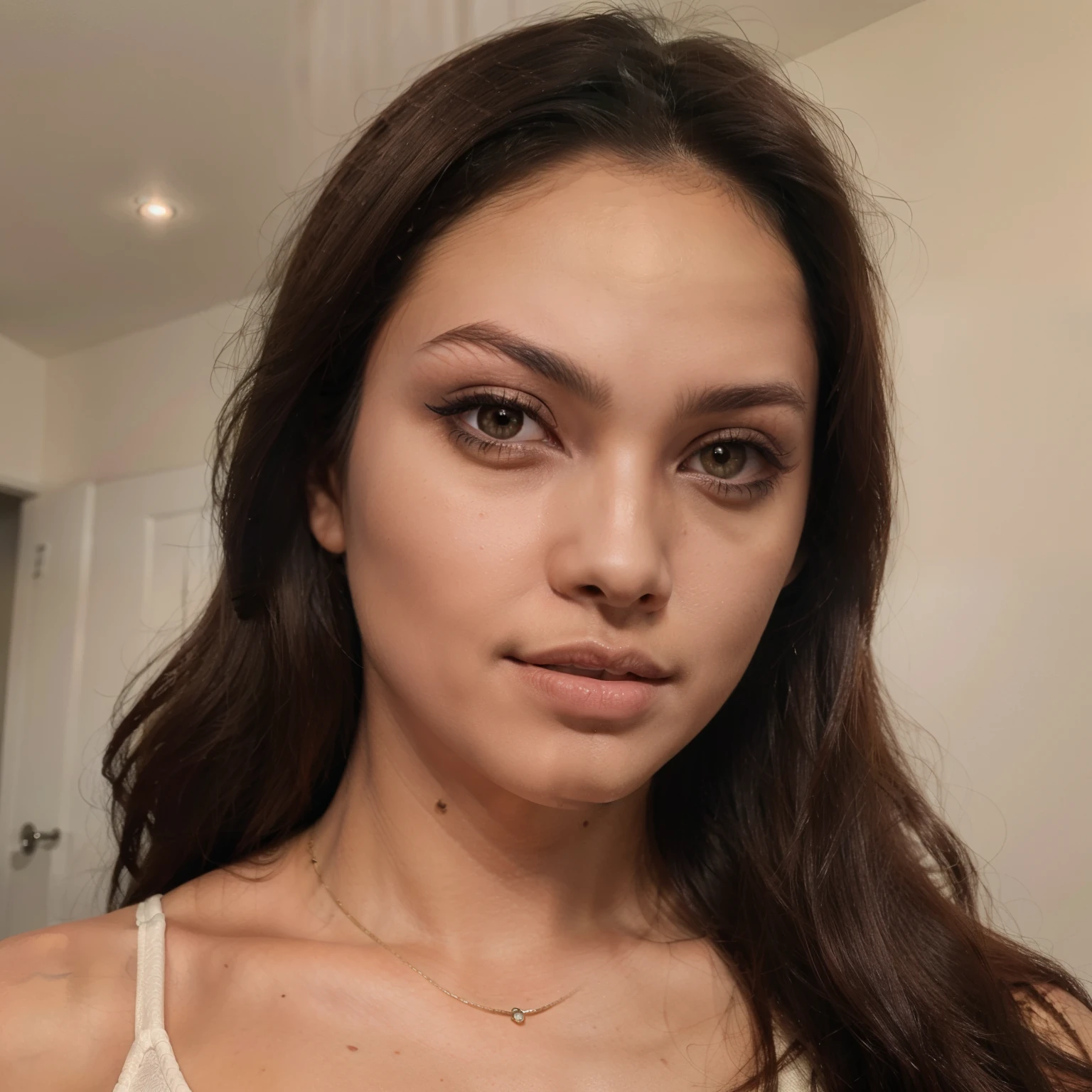 A brown woman, 30 years, long hair, brown , slightly wavy, fair brown skin, wide hip, Realistic, real skin details, Rounded face shape , olhos brown esverdiados, full lips, ultra-realistic skin details, with real face