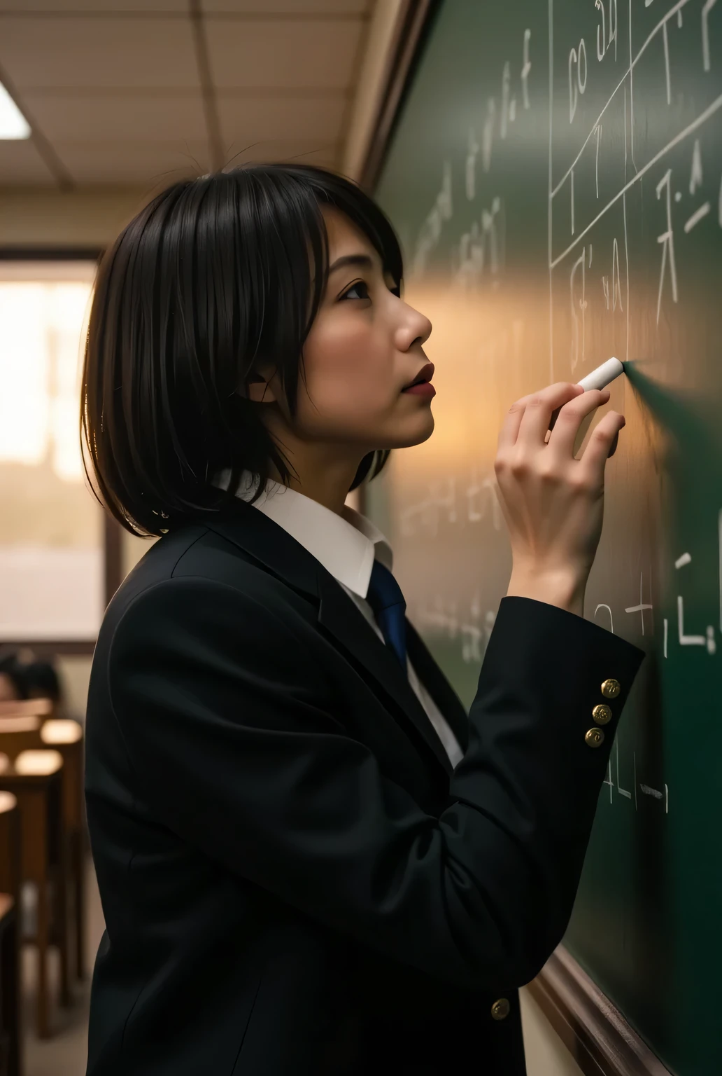 Dramatic Scenes , shadow, Global Illumination, alone, retro female student photo :1.331, by Nomi, Beautiful Japanese woman's face, in a high school classroom:1.5, She stands facing the blackboard, she writes with chalk on the blackboard:1.331, complex mathematical expressions, from side:1.331, Very by Nomi photos, super real, photorealistic, five anatomically correct fingers, Perfect Anatomy:1.21, small head:1.21, Close your lips , black trail blazer :1.21, A plain blazer uniform from a famous high school in the city, Black blazer:1.331, white shirt:1.21, Black thin loop ribbon :1.331, black hair:1.21, medium hair:1.21, A beautiful Japanese woman's face without makeup:1.21, Detailed Iris, Sharp eyebrows:1.37, detailed face, Fair, fine skin, growing skin:1.21, in a dark classroom at dusk, Silky Screen, nostalgic picture of the sunset, The dynamic, cinematic lighting shines,