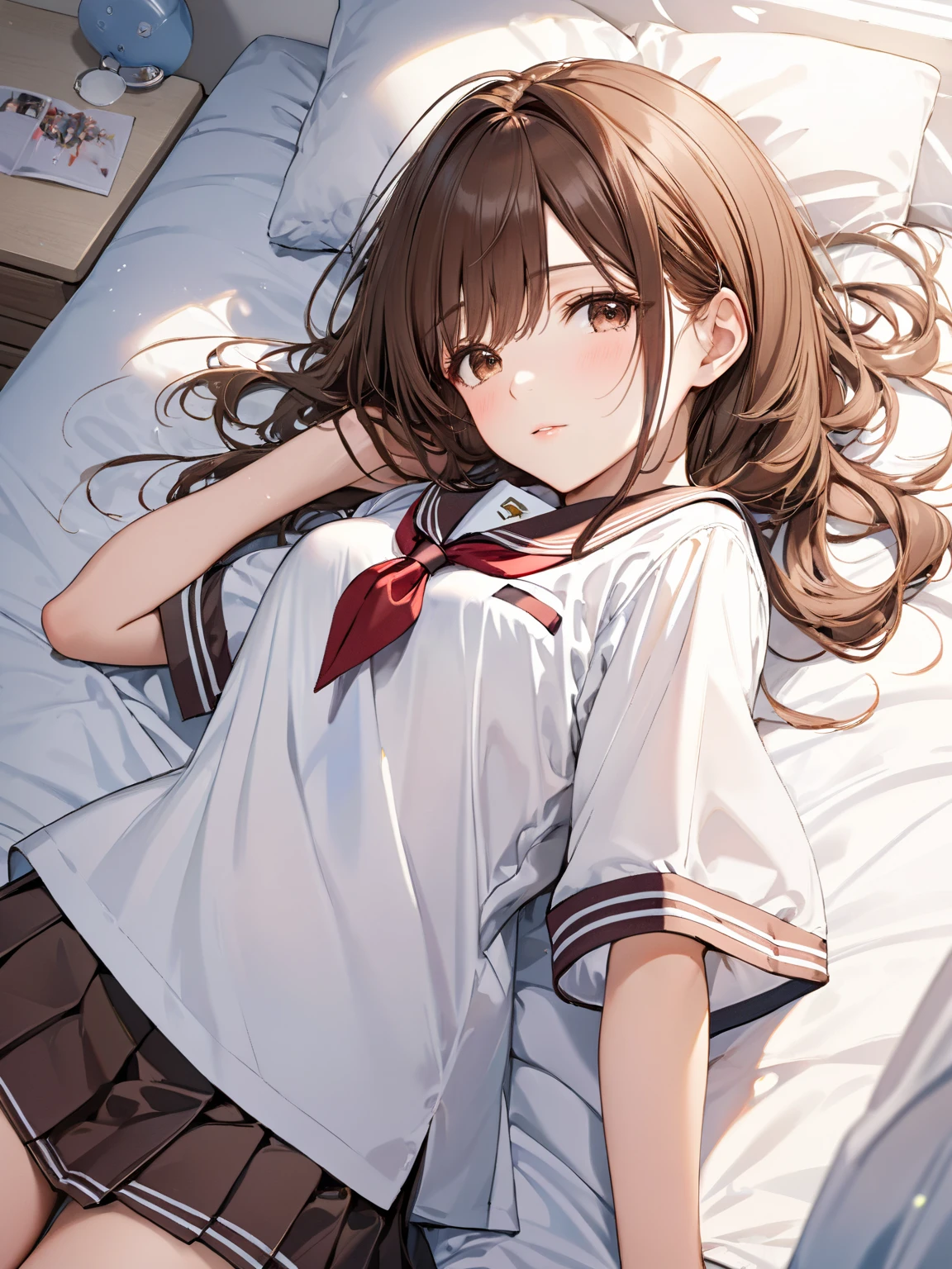 (masterpiece, best quality:1.2),illustration,8k,hd,1girl,solo,upper body,(portrait:1.2),brown_hair,folded_ponytail,brown_eyes,serafuku,long_hair,school_uniform,skirt,pleated_skirt,