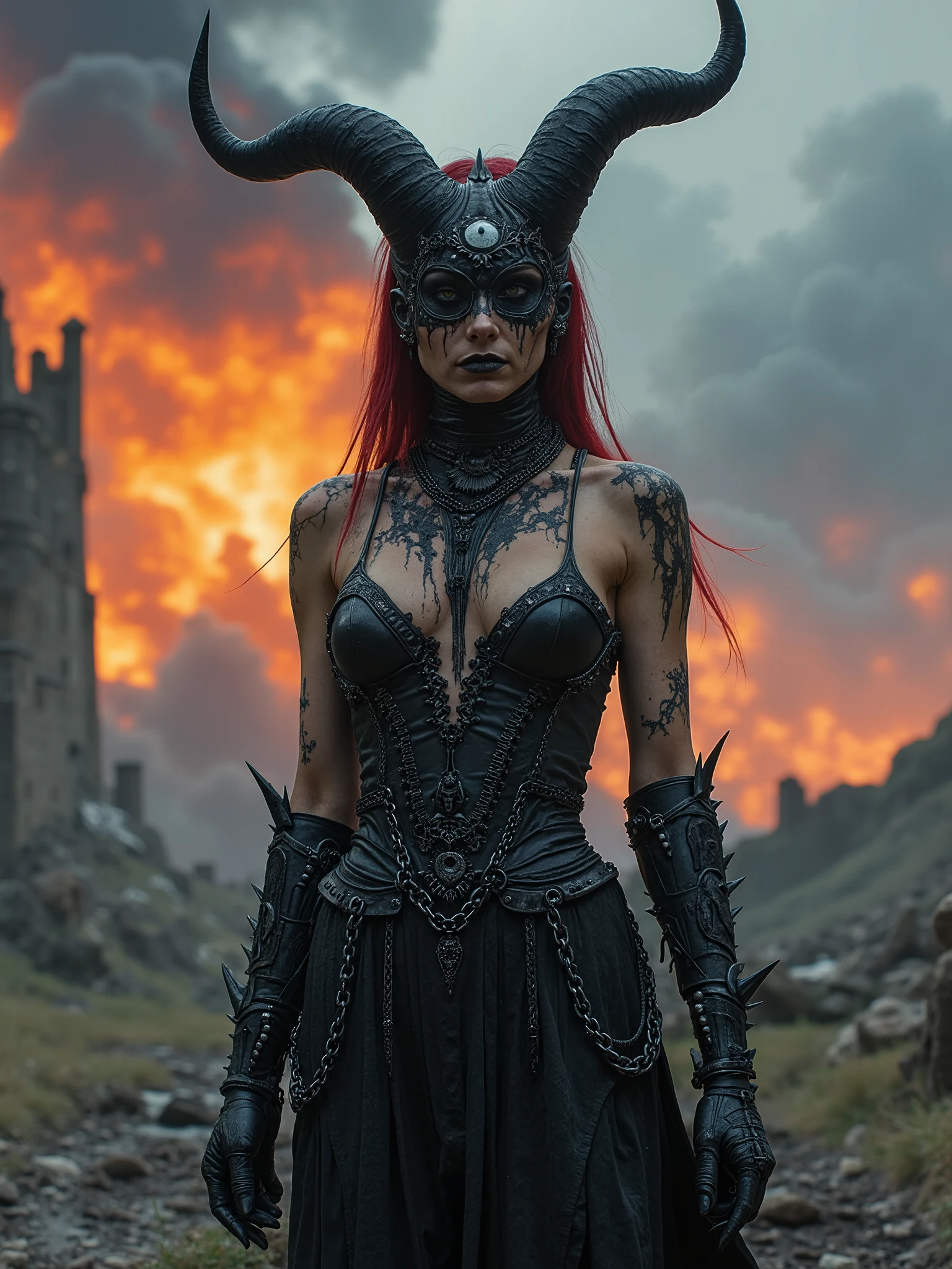 Beautiful Female cosmic entity,chain dress standing on a planet with castle ruins,with planet earth in pieces and huge explosion behind her in the background,with eye of Providence in the middle of her forehead, demon mask on her face with long black horns,spilled with red and black goo,dark makeup,dark surrealism,dark realistic photography, dark occult art,melancholic dark art, surreal dark art,realistic look,bone and metal chains armour with long clothes burning dress, with spikes on the wrists and chain hooks,cosmic background,flame aura power,nude dark art,death and darkness,black goo everywhere.black hole between her horns