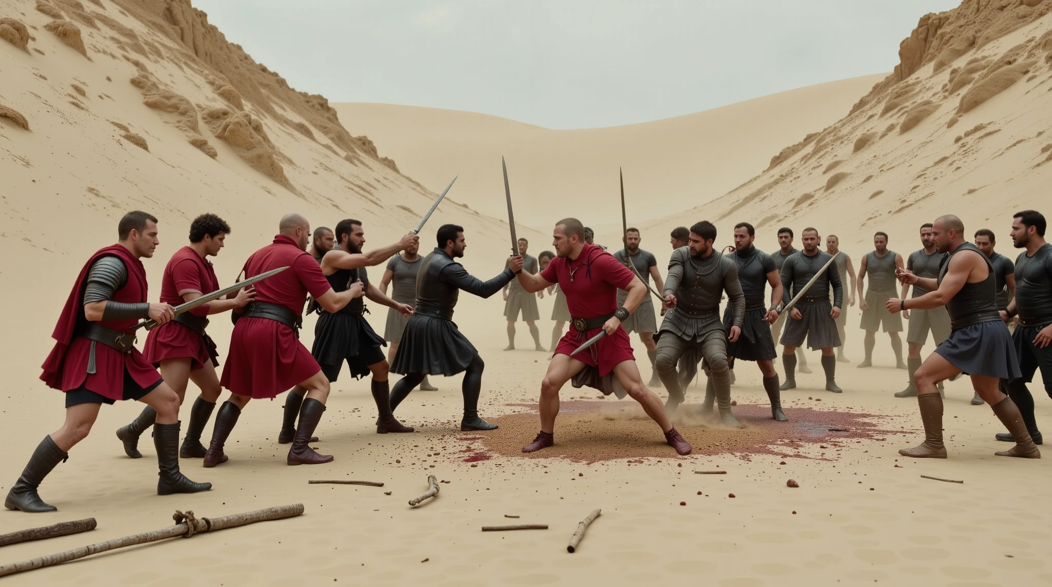 In an epic, realistic movie scene set in a sandy environment, a fierce battle unfolds between two groups of warriors. One group, consisting of six men, is dressed in striking red armor, while the other group, made up of fourteen men, is clad in black leather armor. The battle takes place on a vast expanse of sand, with towering sand dunes in the background. The dunes are surrounded by water, creating a dramatic and surreal atmosphere. The chaotic scene is filled with grains of sand and blood splattering through the air. The background is slightly blurred, emphasizing the intensity of the combat in the foreground. Wooden debris scattered in the water adds to the intensity of the battle. The scene is rendered in a highly realistic style, resembling an epic movie scene with intricate details and cinematic lighting.
