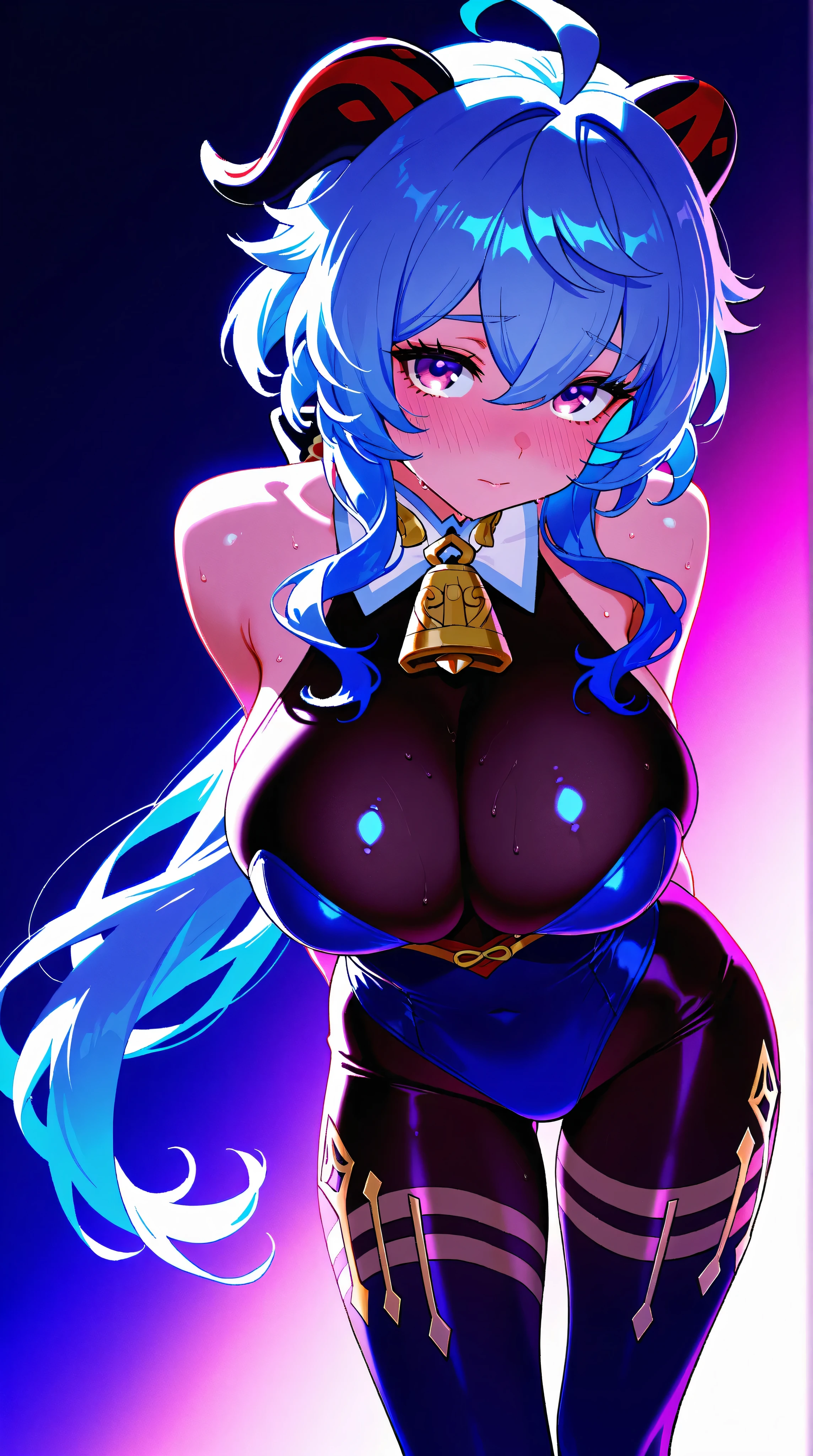 1girl, black bow, black gloves, black legwear, blue eyes, ((blue hair)), bow, collarbone, drill hair,gloves, gwen\(league of legends\), hair ornament, highres, league of legends, long hair, split lips, swollen sleeves, pink pupils, smile, solo, x, x hair ornament, large breasts, indoors, half_naked, (((ahegao))), (((micro bikini)))), naughty look, naughty smile,