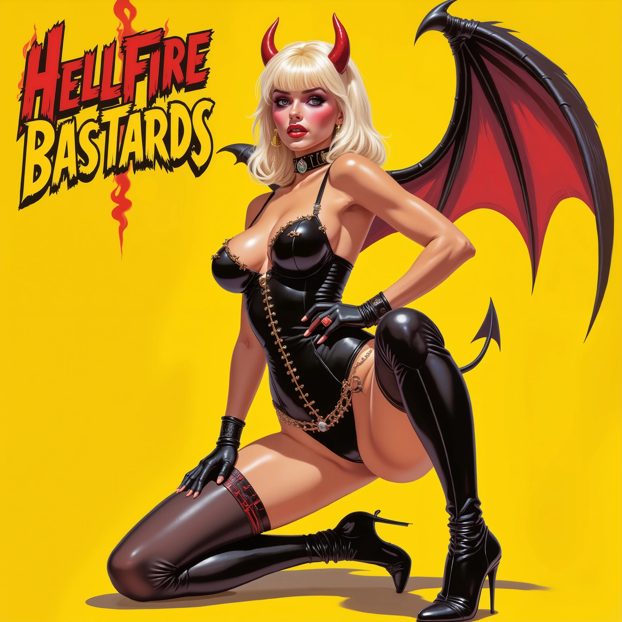 Open legs. Seductive expression. Sensual sexy Seductive. Enormous voluptuous breasts. Bigger boobs. Full body. VHS cover aesthetic. Retro vintage illustration. Erotic adult film aesthetic. In the left of the top, with a graphic design style, the band's logo 'HELLFIRE BASTARDS' appears in an aggressive font, designed in red with yellow outlines and engulfed in flames, with sharp and jagged edges, surrounded by fire, exuding power and intensity, vintage VHS poster inspired. Place the band’s logo slightly below the top edge to avoid cropping, clearly centered at the top, fully visible, and not cut off. Thick legs. Bigger boobs. Bigger chests. Massive booty. Massive breasts. Voluptuous boobs. Giant boobs. Bigger boobs. Bigger chests. Massive booty. Massive breasts. Voluptuous boobs. Vintage adult film aesthetic. A stunning platinum blonde woman with bangs, kneeling confidently, facing forward, emphasizing her curves, huge ass, and toned backside. She has red Devil horns, sharp fangs barely visible in her grin. Her posture is commanding and seductive, exuding authority and raw power, with her body angled slightly forward as she kneels. Her expression is wicked and dominant, with a smirk curling on her lips and a glint of malice in her eyes. She has Devil horns. She has a slim waist, wide hips, and thick thighs. She wears a tight black leather corset with red infernal runes carved into the fabric, pushing up her chest. Her long gloves are also black leather. She wears thigh-high latex boots with sharp heels, glistening under the warm, hellish lighting. A black leather thong accentuates her toned backside. She has Two bat-like wings. Yellow background. The lighting is warm and vintage, evoking a retro 80s erotic film feel. The scene has a hand-drawn illustration style.
