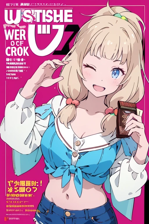 (small breasts:1.2), (perky chest:1.2), (pointed chest:1.2), (Pudding cake magazine cover:1.3),(from above:1.0),(shoot from the side:1.1),masterpiece, 1girl, Amazing Cleavage:1.1, thin waist, optimum,tmasterpiece,hight resolution,best qualtiy,hyper HD,super detailing,awardwinning,a 18yo cute girl,(The upper part of the body),anatomy correct,Beautiful Black miniskirt,garters,Gaze,Small face,bangss,holster,Beautuful Women,hands up,leg holster,Gaze,black boots,Cowboy Shot,cute face,a blond,Longhaire,Twin-tailed,Braids, Hairline,（scarlet eyes）,long eyelasher,Hanging eye corners,White skin of the, ((see through camisole:1.1)), ((Sheer nipples:1.0)),Rocket Tits,(Slim body),smile,seductive weak smiling,(with sparkling eyes and a contagious smile),little open mouth, Looking at Viewer, 