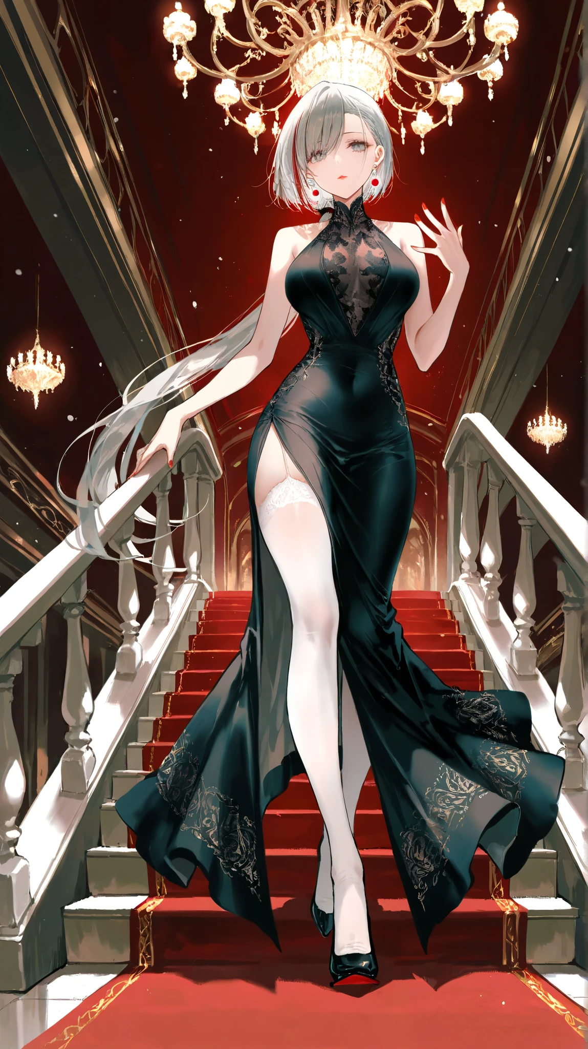 RICK AND mORTY'S, Rick, is watching a fashion show in a world of clockwork people. Cute clockwork woman (age 25, high heels, sexy dress, semi transparent skin showing her gears)