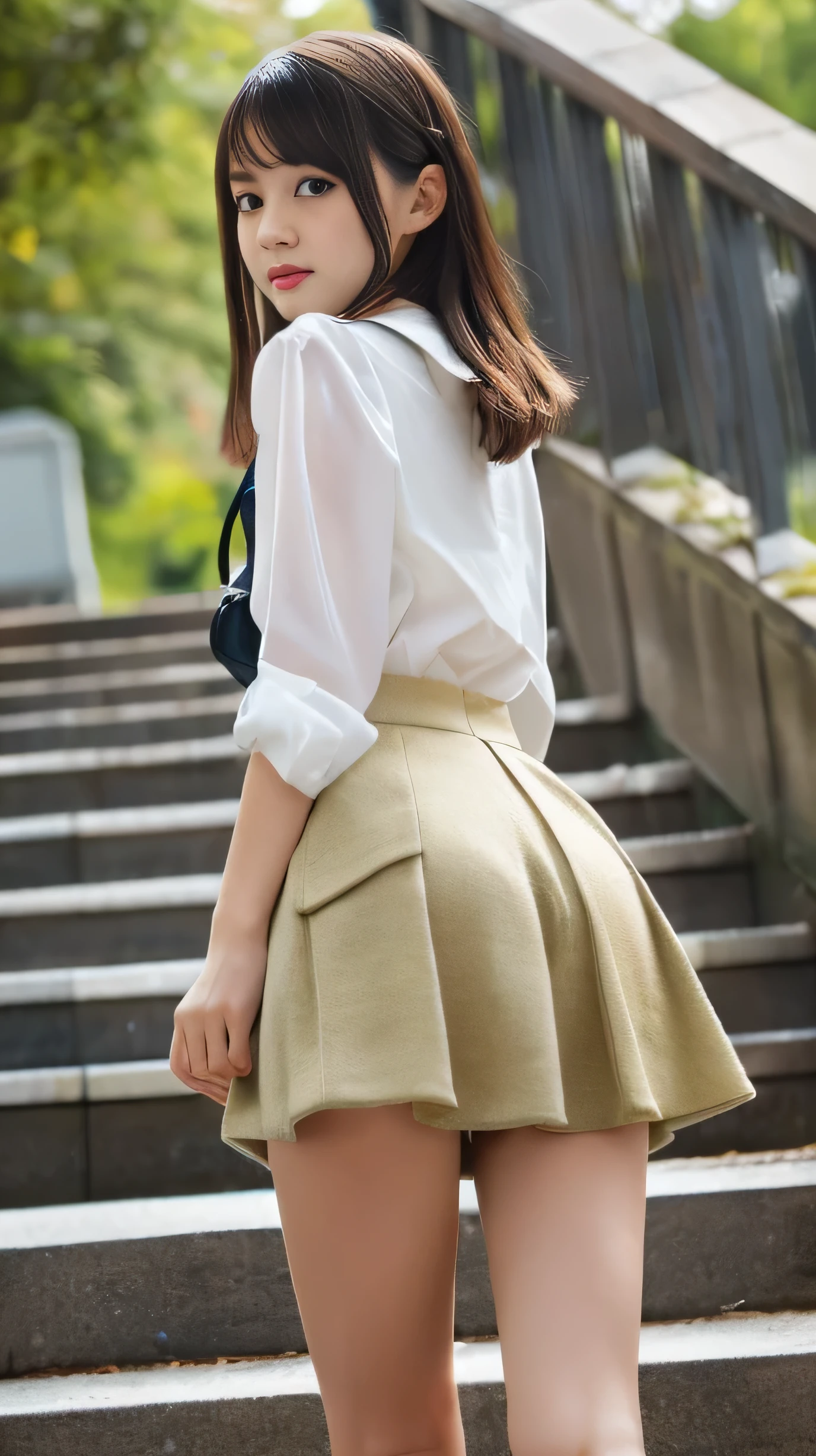 (8K, 超A high resolution, Best Quality, masutepiece:1.2),(18year old:1.2)、(Look away)、8K、RAW portrait of japanese girl、Photorealsitic、超A high resolution、top-quality、 (huge-breasted、Close all buttons on the shirt:1.4)(student clothes、Pure White Cutter Shirt、Pleated mini-skirt:1.4)、(in a street、Drawing from the side、Angle from the side、2Schoolgirl、Two people walking side by side holding hands:1.6) BREAK (Natural Skin Texture、Detailed skin、Hyper-Realism、ultra sharpness)、intricate detailes、depth of fields(Put a white shirt inside the skirt:1.3)、Show the armpits、Plaid pleated skirt(Long brown hair straight、Shiny legs、Black loafers、Black stockings:1.3)