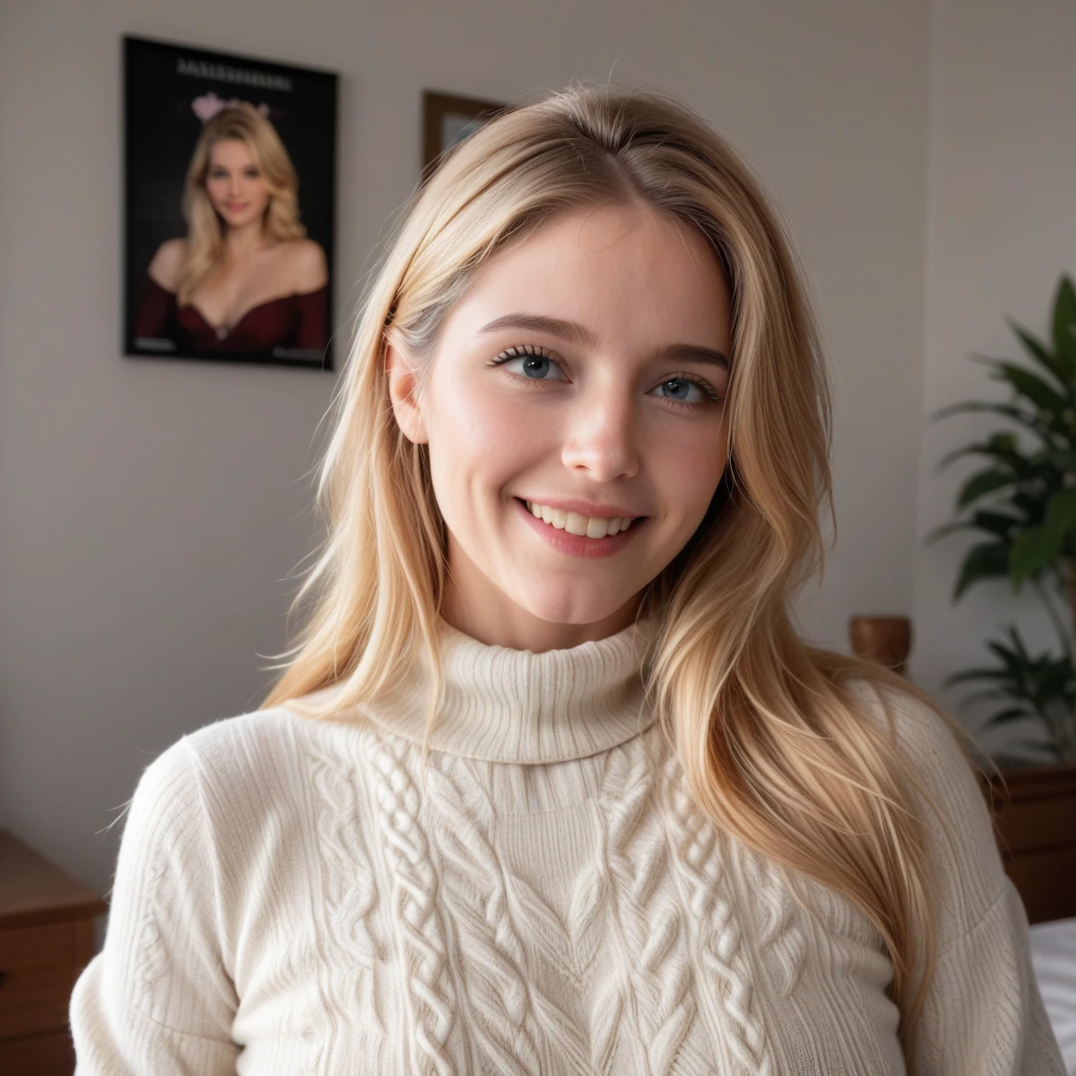 a photorealistic photo of a beautiful girl, blonde hair, sitting at a bar, wearing a winter outfit, hyperrealistic, winter, detailed skin, brown eyes, smiling, pretty, selfie, dynamic pose, side view, looking out a window, her skirt is riding up showing her vagina, no panties